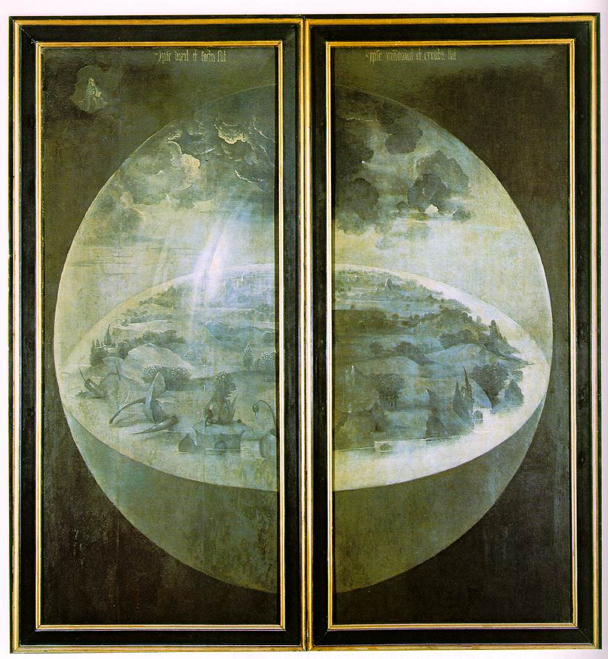 Hieronymus Boschi's 'The Garden of Earthly Delights' viewed with the two side panels closed, showing a grayscale painting of the earth before Creation
