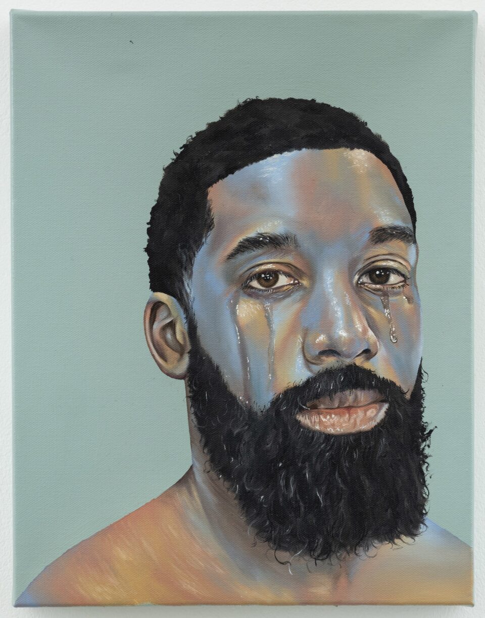 an oil painting portrait of a bearded Black man's face and shoulders, shown against a light teal background, with tears streaming down his face