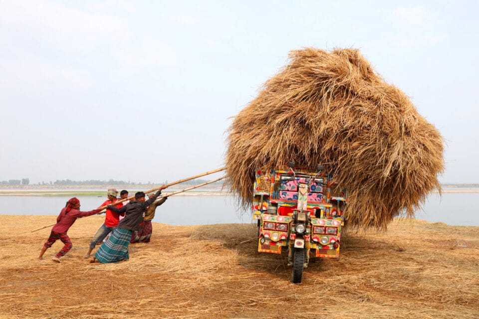a photo of a group of people pushing a large pile of straw onto the top of a large, colorful motorbike
