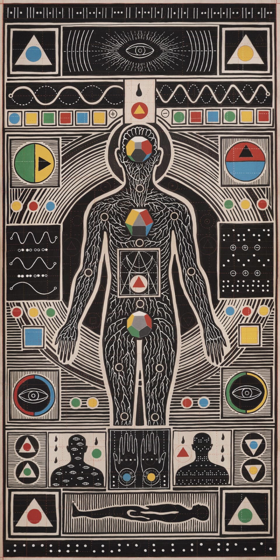 a tall vertical print of an anatomical layout of a human figure surrounded by esoteric symbols and geometry