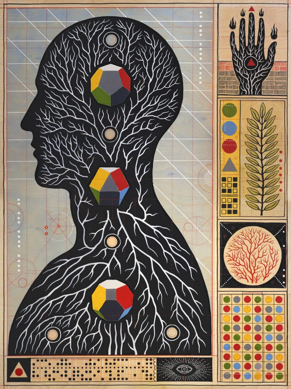 vertical compsition of an anatomical layout of the top half of a human figure surrounded by esoteric symbols and geometry