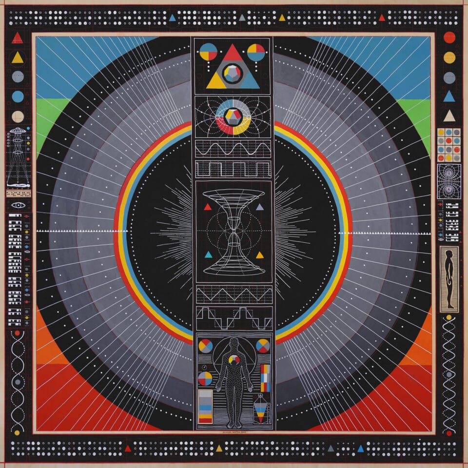 a square composition comprising esoteric symbols, prismatic gradients, astronomical forms, and other geometric or alphabetic shapes