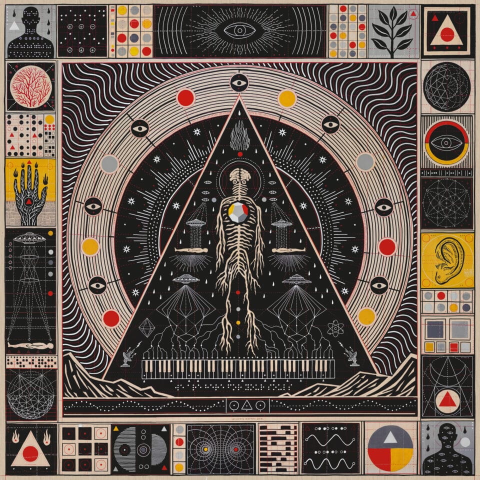 a square composition comprising esoteric symbols, prismatic gradients, astronomical forms, and other geometric or alphabetic shapes
