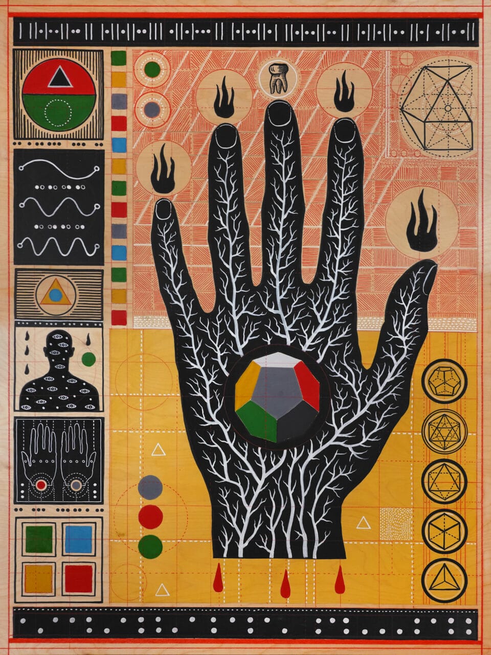 vertical compsition of an anatomical human hand surrounded by esoteric symbols and geometry