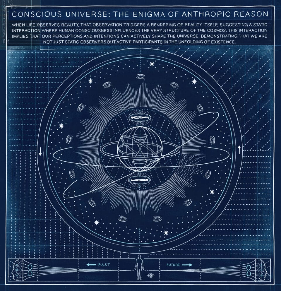 a square composition in blue and white, comprising esoteric symbols, astronomical forms, and other geometric or alphabetic shapes