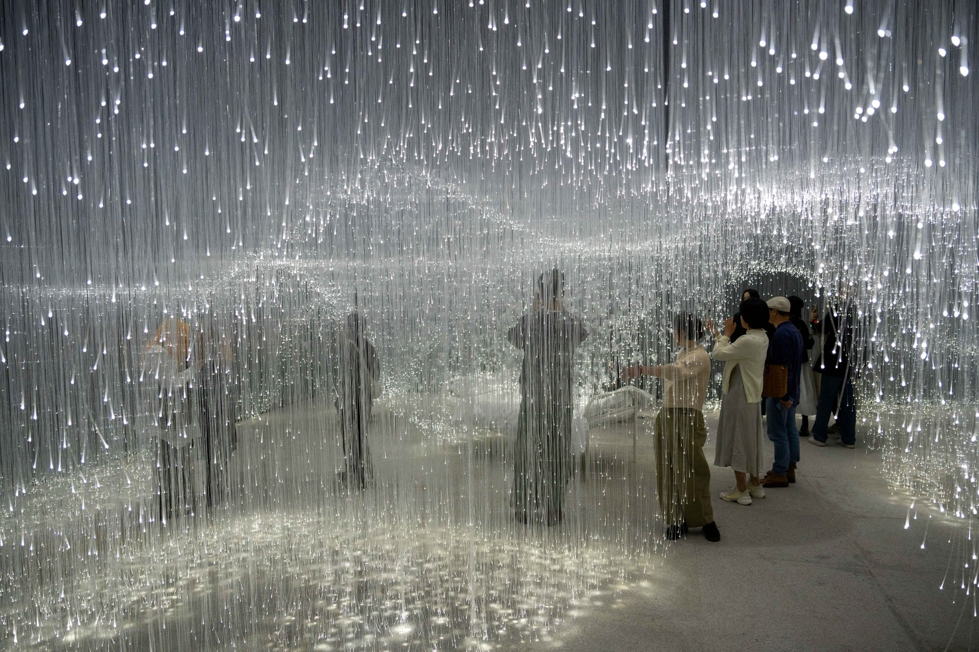 people walk through glimmering tendrils