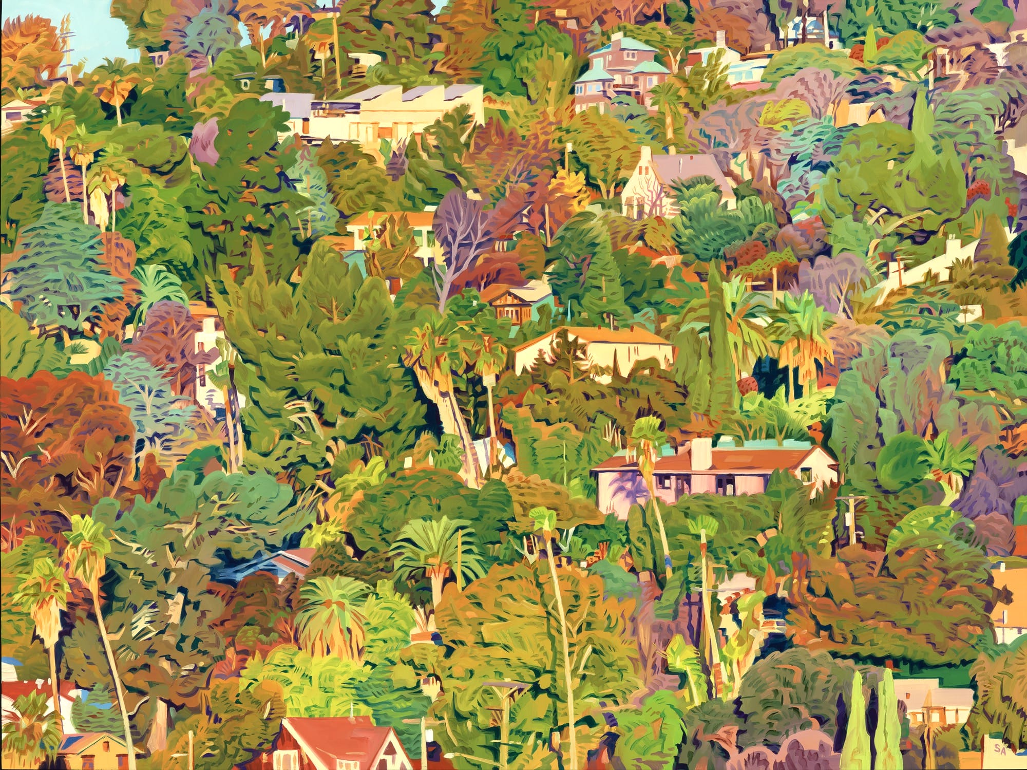 an oil painting of a Los Angeles hillside at sunset