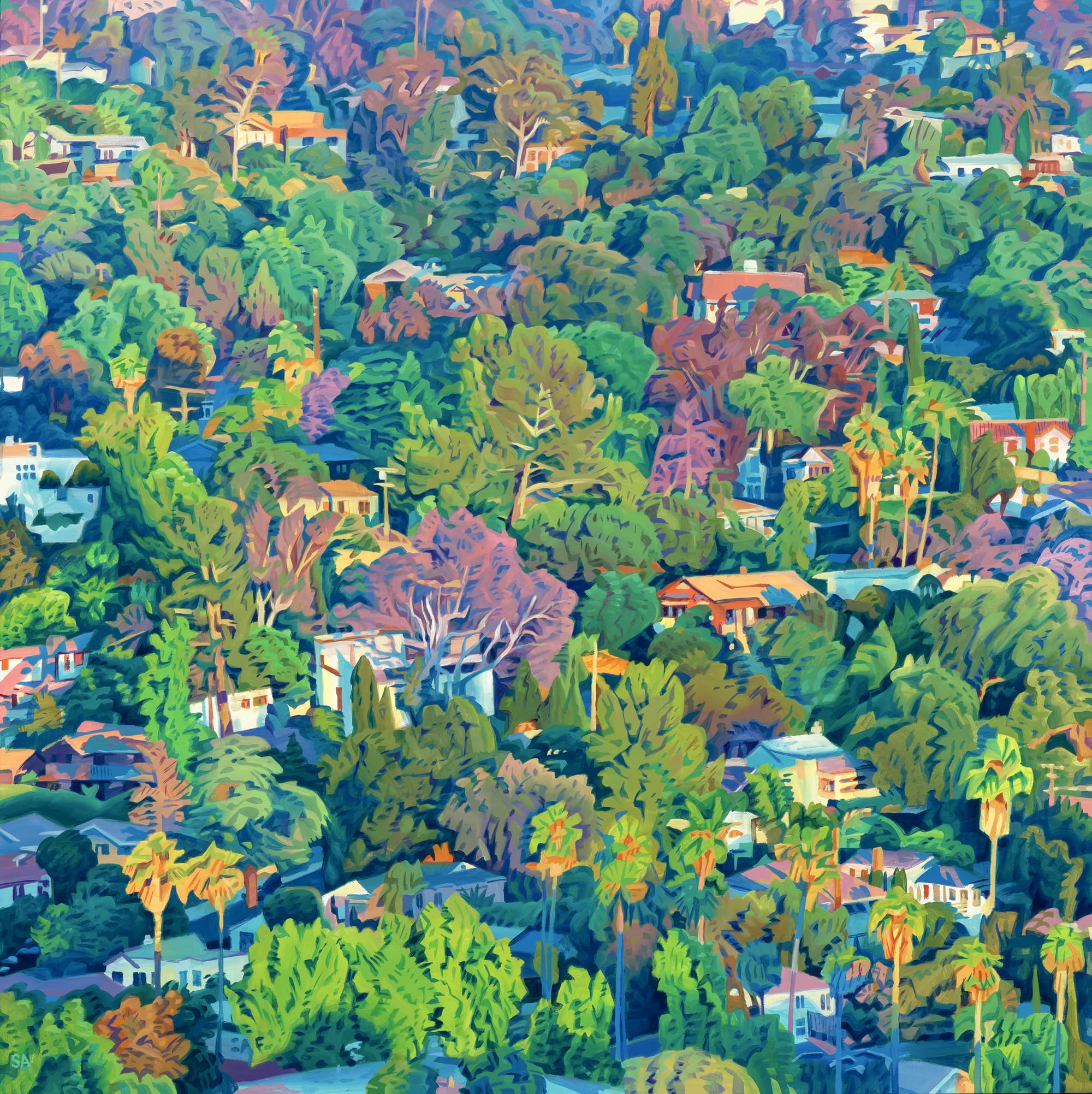 an oil painting of a Los Angeles hillside illuminated by the morning sun