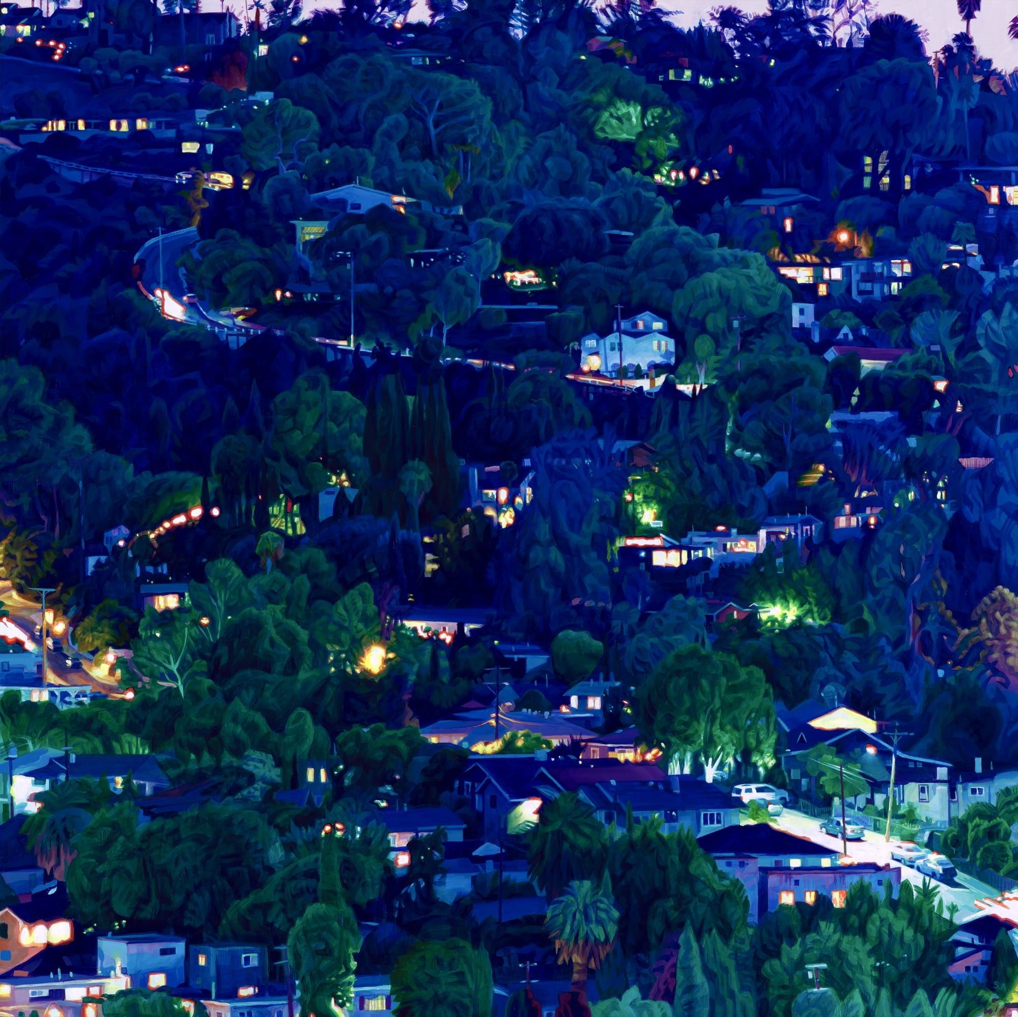 an oil painting of a Los Angeles hillside at dusk