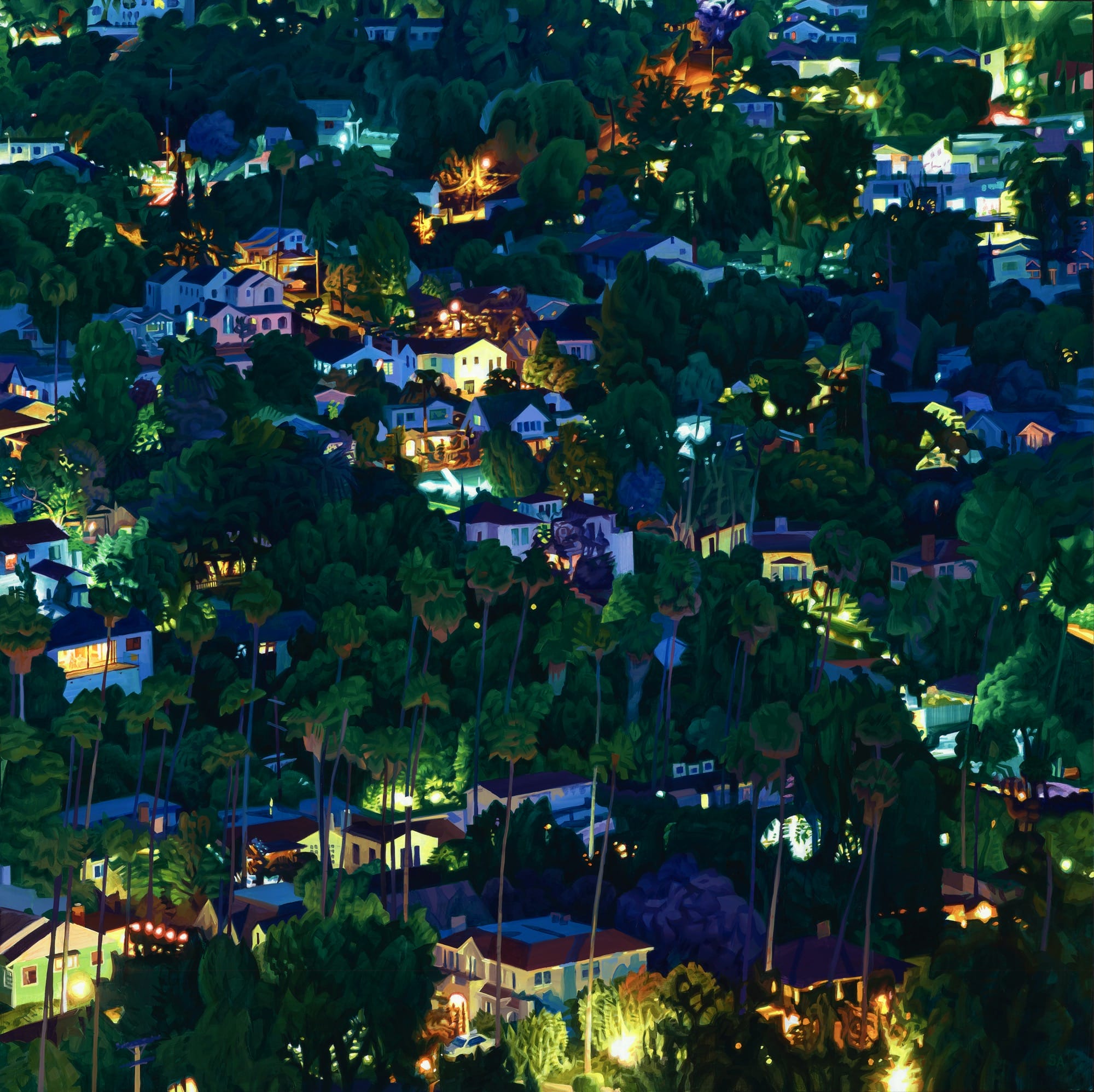 an oil painting of a lush Los Angeles hillside at night