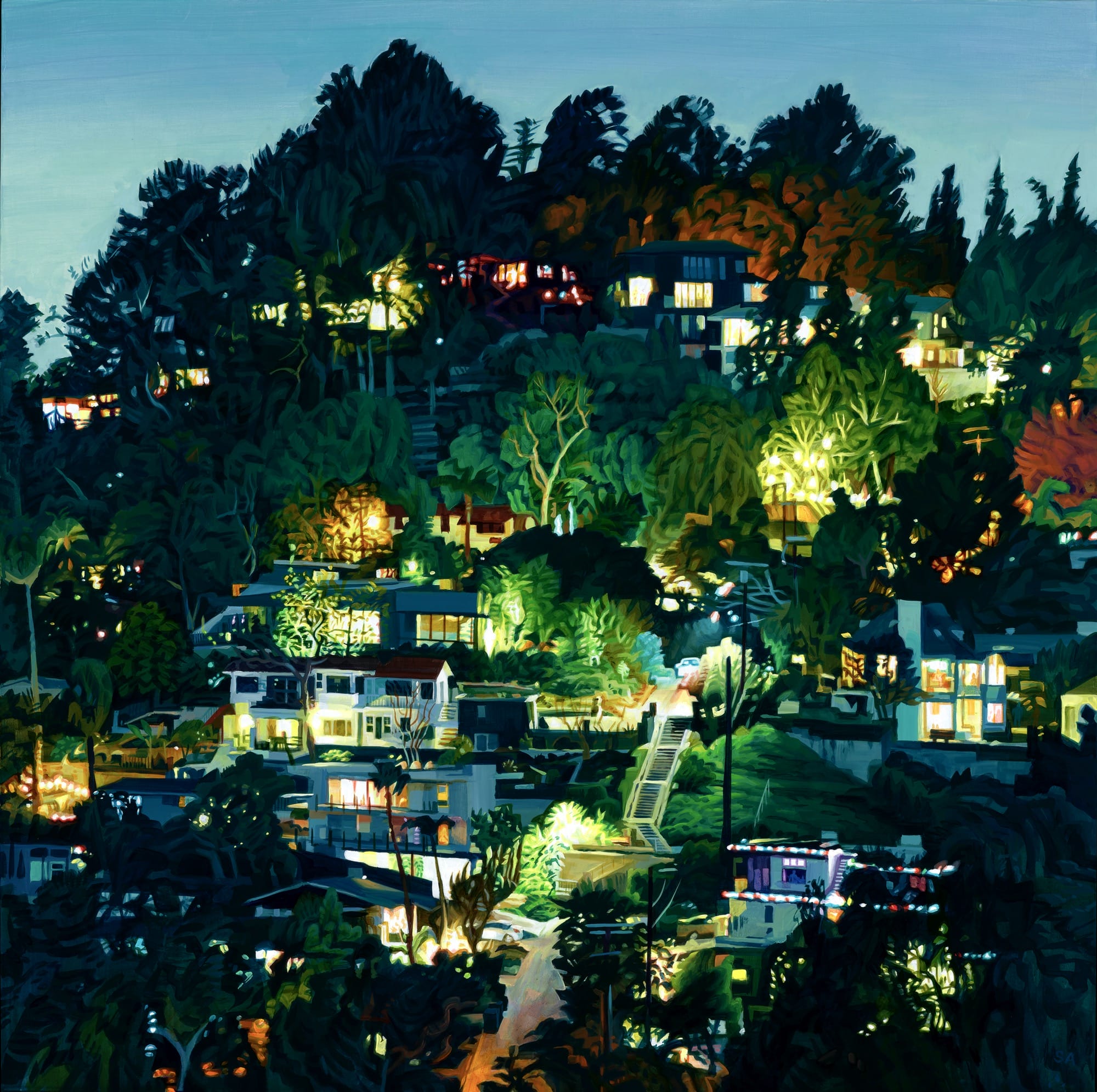 an oil painting of a Los Angeles hillside at dusk
