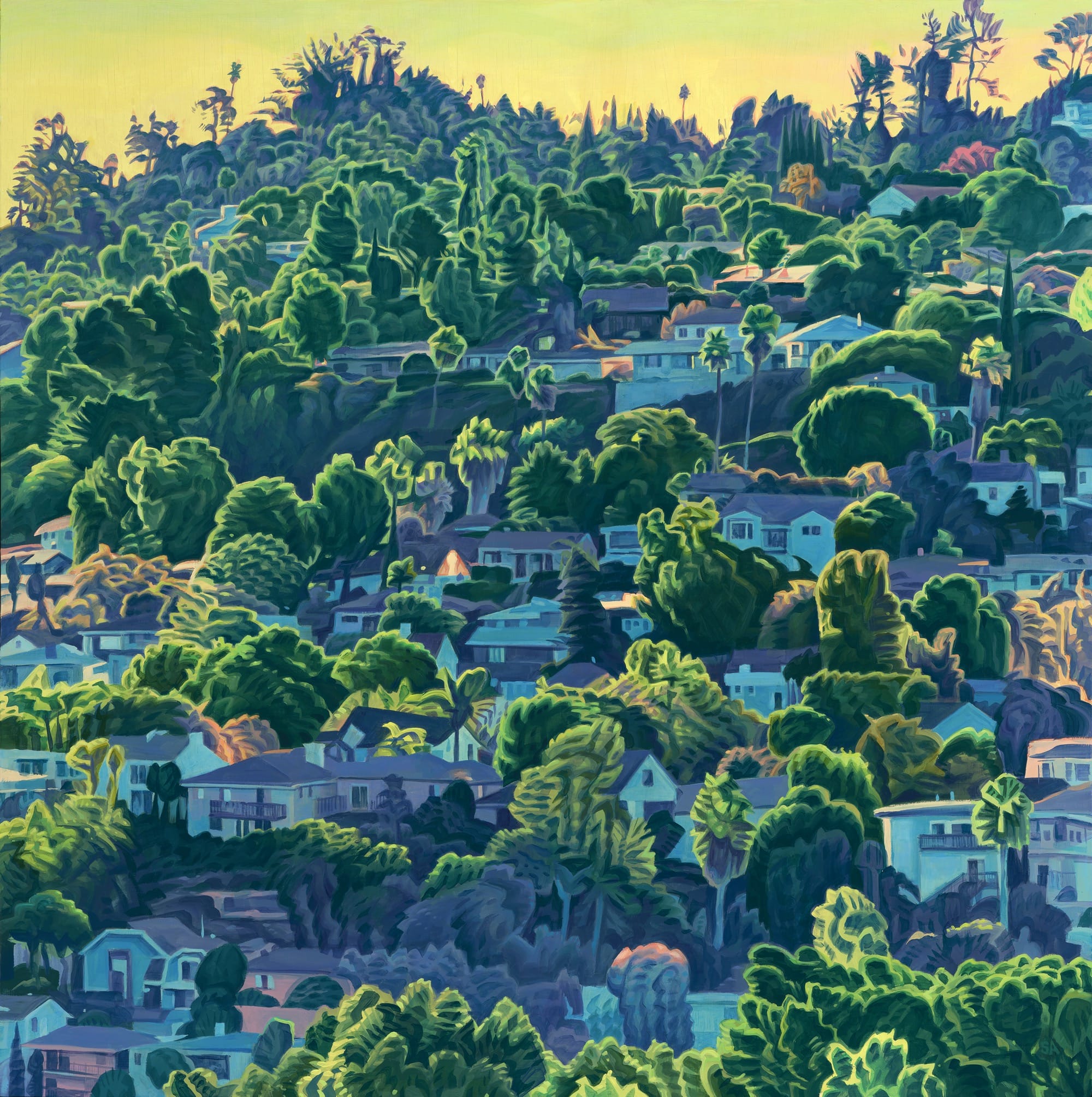 an oil painting of a Los Angeles hillside in the morning