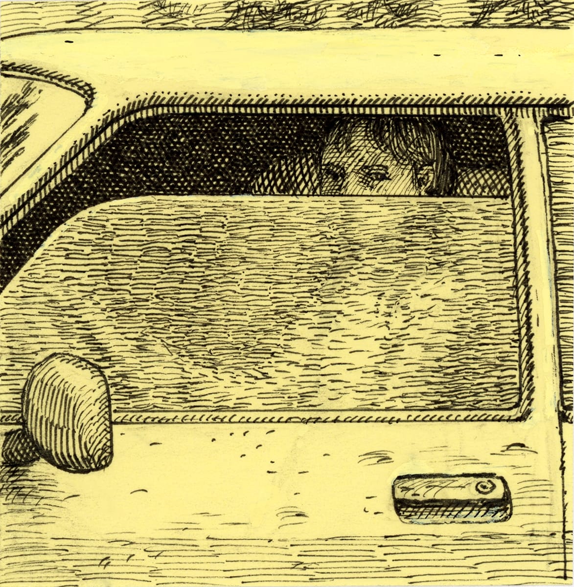 a drawing of a face peeking through a car window on a yellow post it note