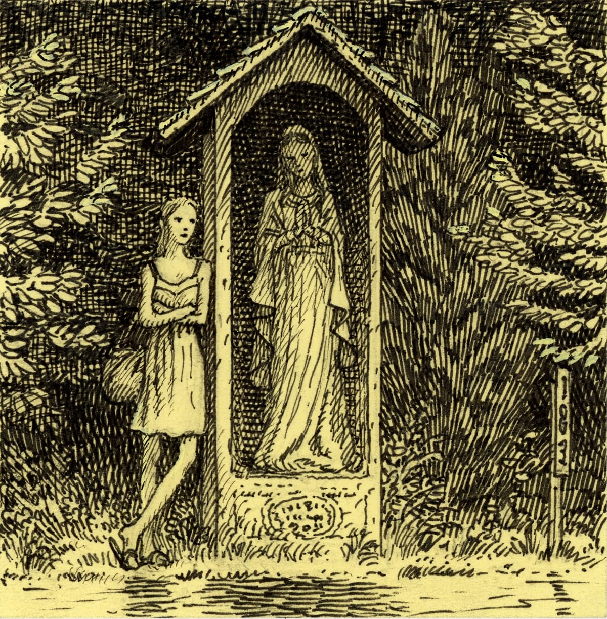 a drawing of a woman standing next to a mary statue on a yellow post it note