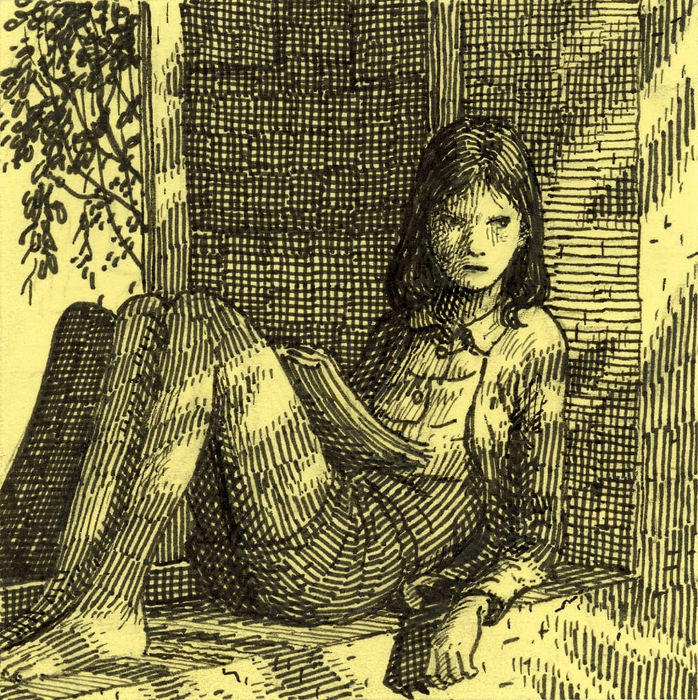 a drawing of a child sitting reading on a yellow post it note