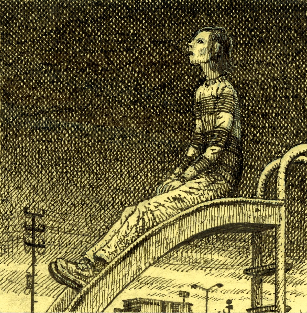 a drawing of a man sitting on a slide on a yellow post it note