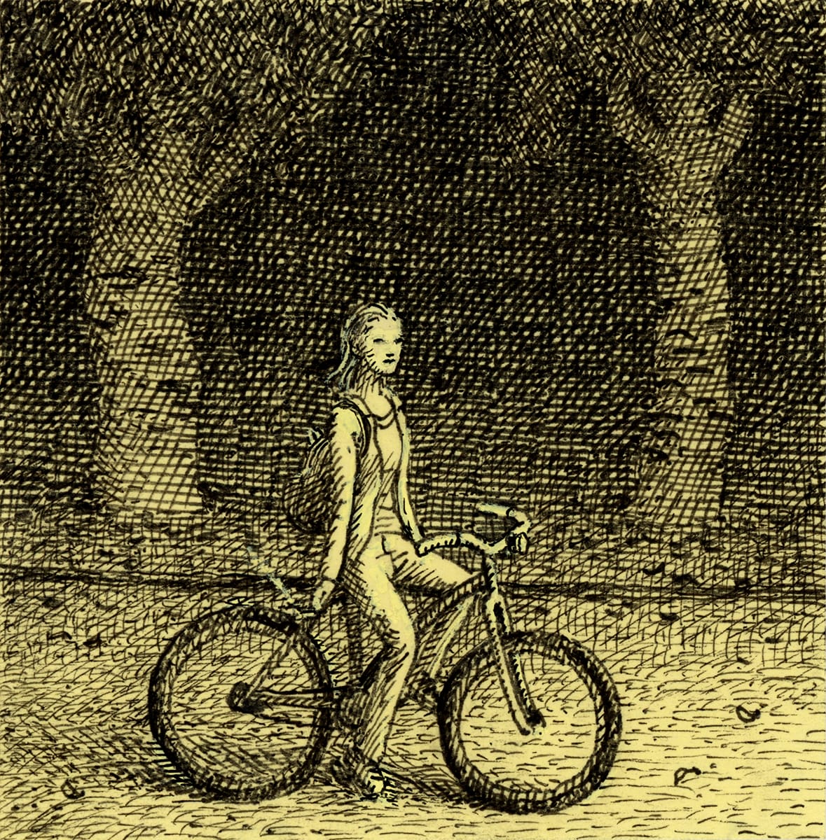 a drawing of a child on a bike on a yellow post it note