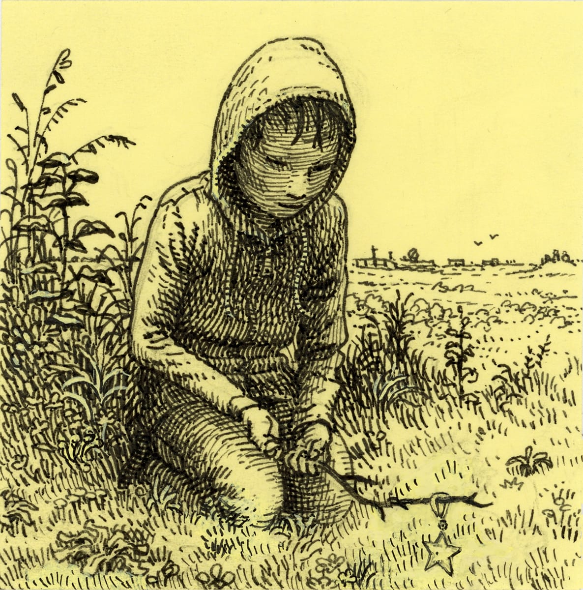 a drawing of a child sitting on the ground playing with a stick on a yellow post it note