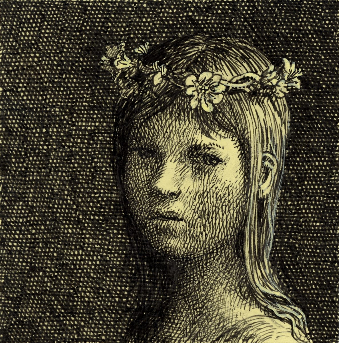 a drawing of a child with a flower crown on a yellow post it note