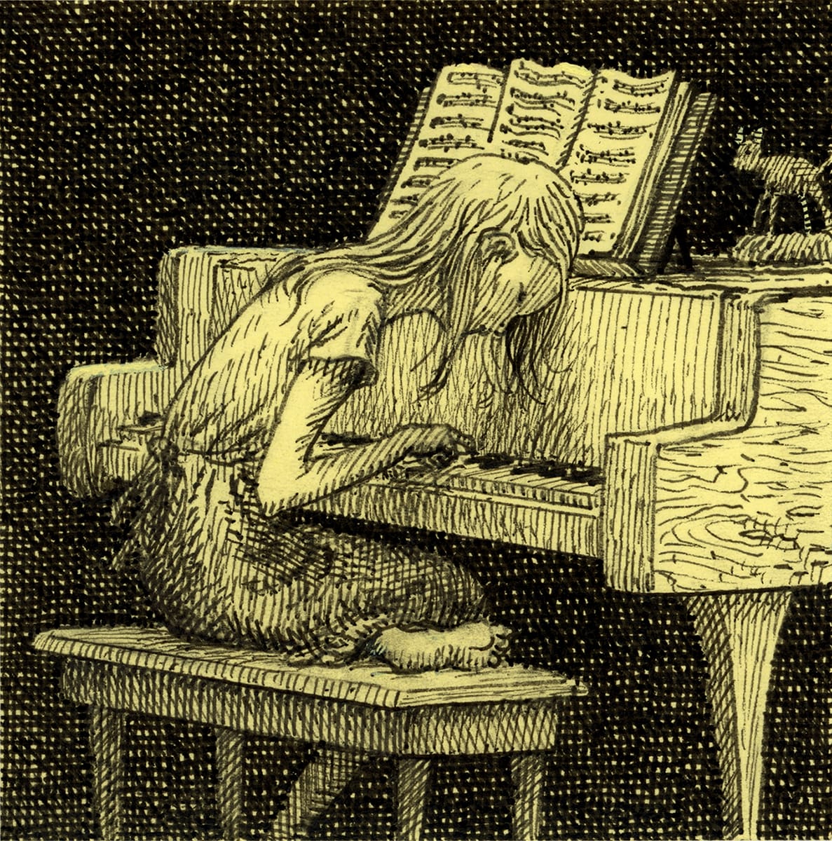 a drawing of a child playing piano on a yellow post it note