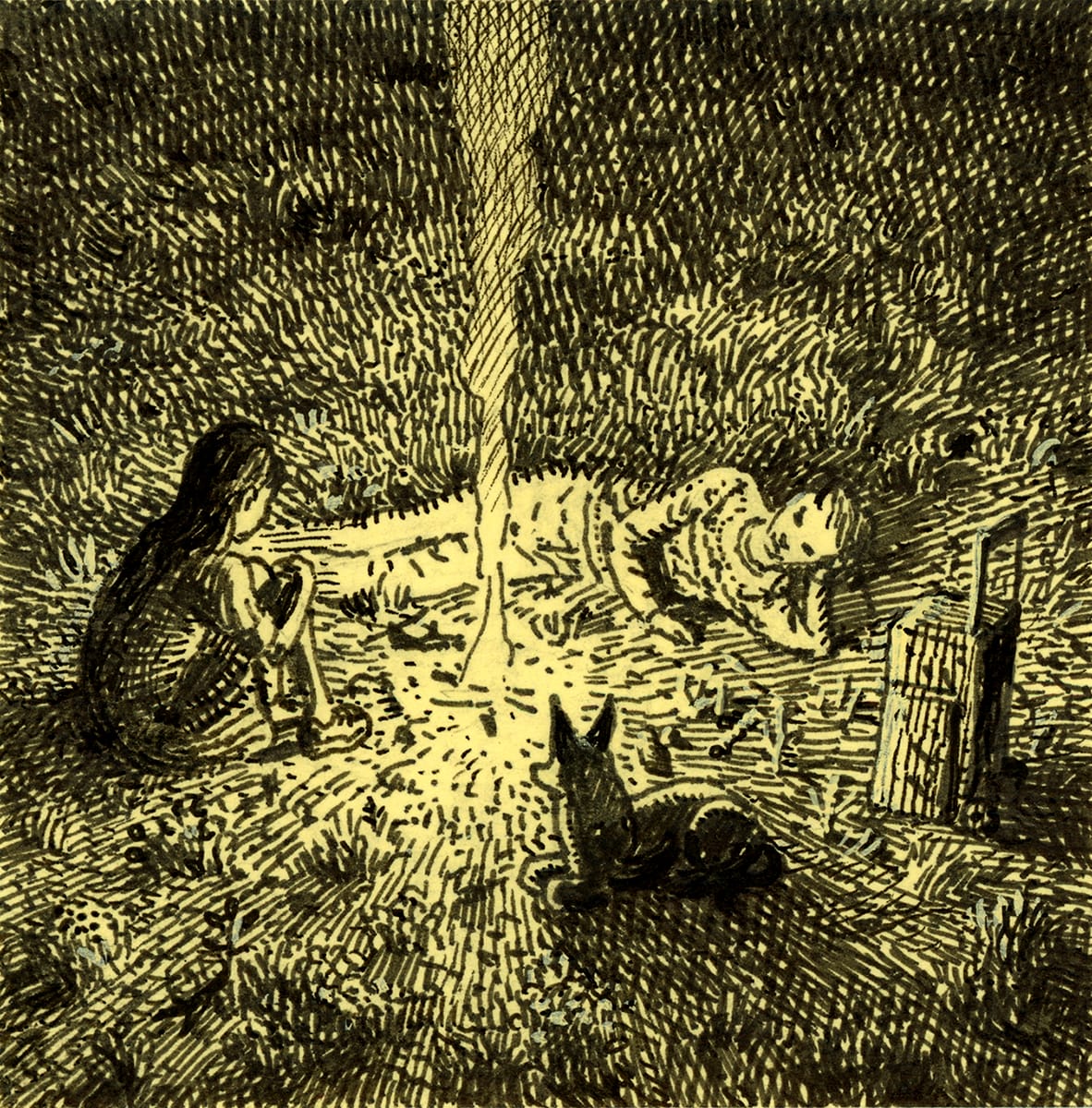 a drawing of two people and a dog around a fire on a yellow post it note