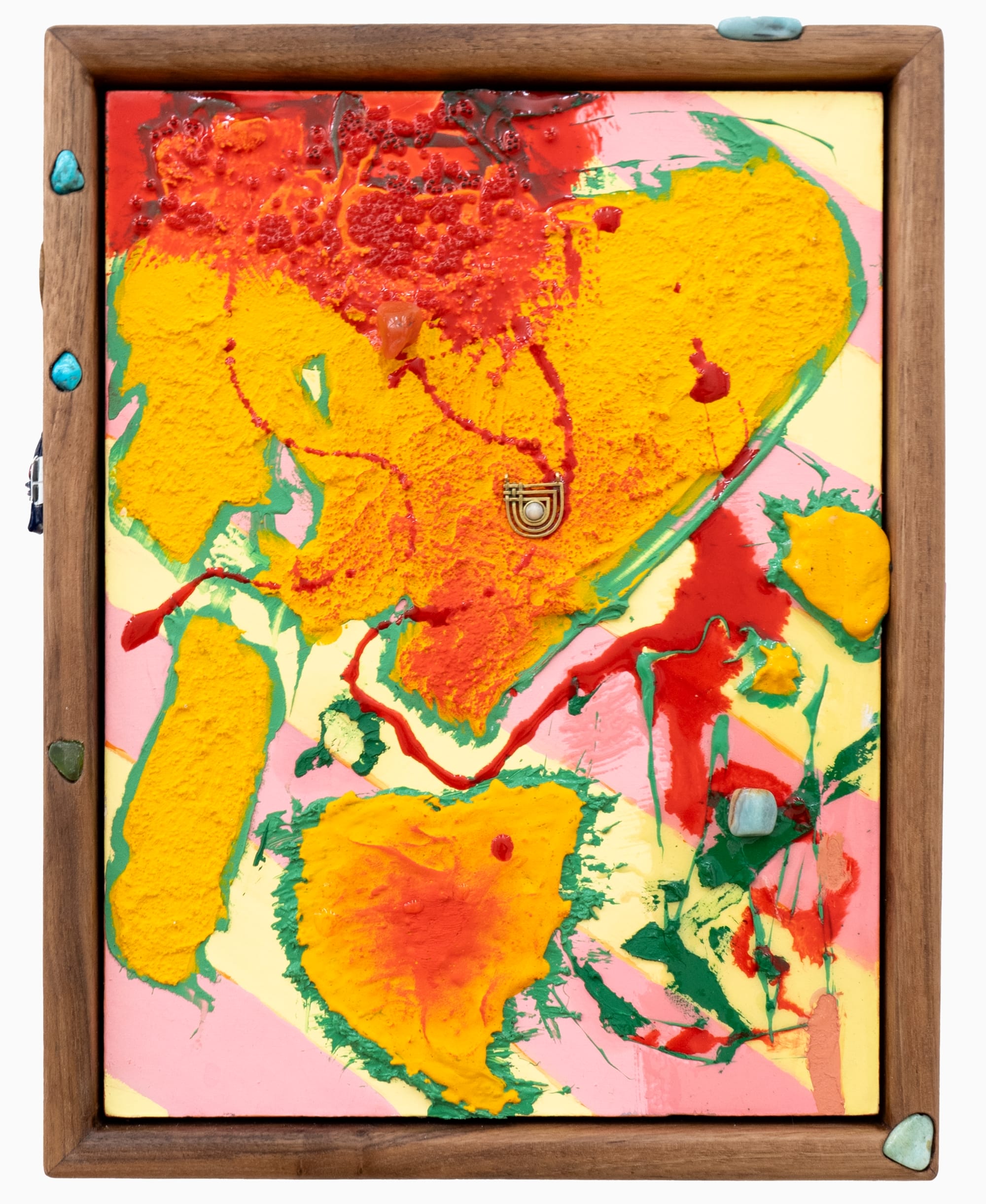 a yellow and pink painting framed with wood