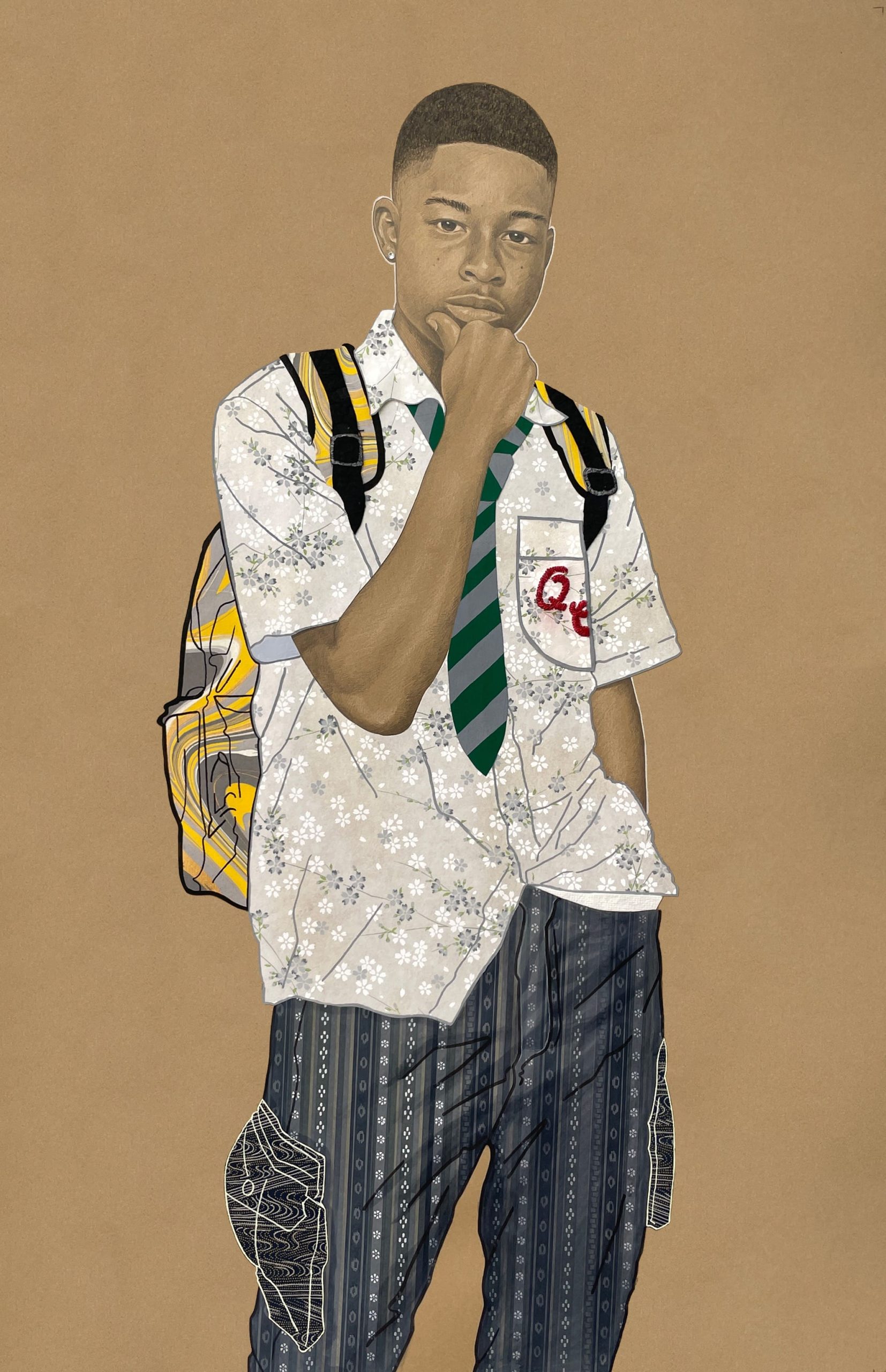 a portrait of a teenage boy with a backpack and tie