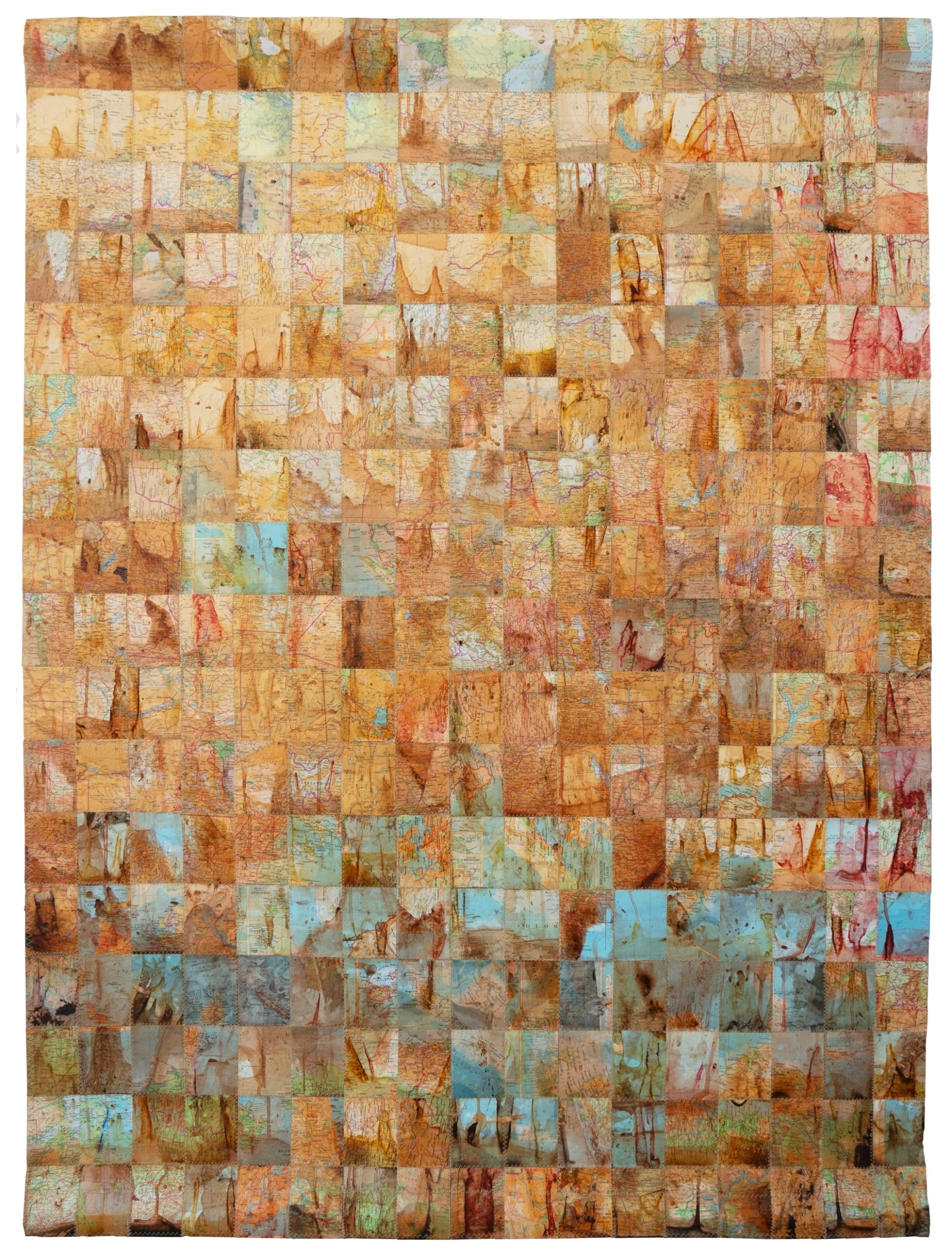 an artwork made from maps that have been deconstructed and reassembled into a grid pattern