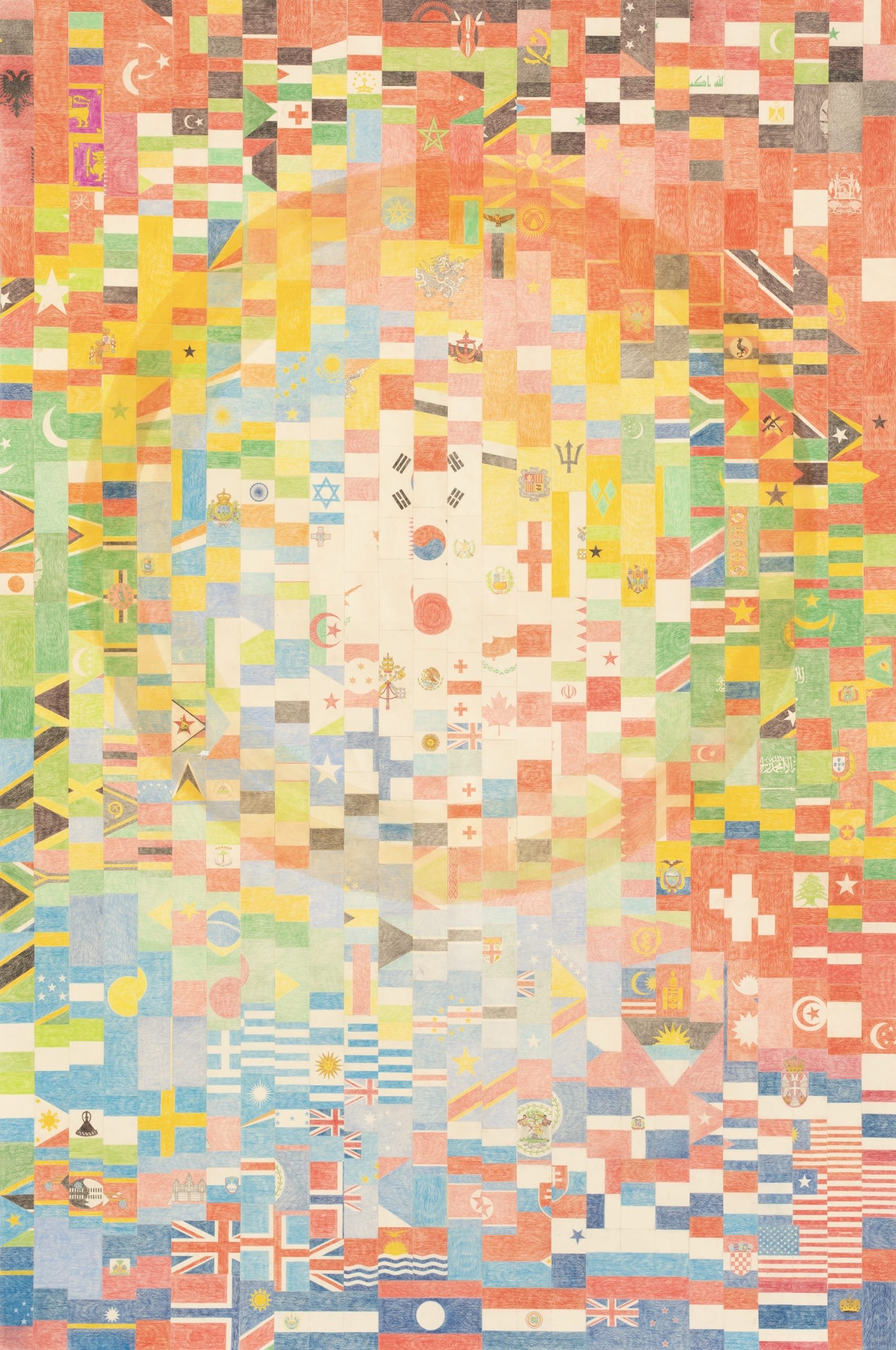 a drawing of national flags arranged in a colorful grid to create a glowing orb-like shape