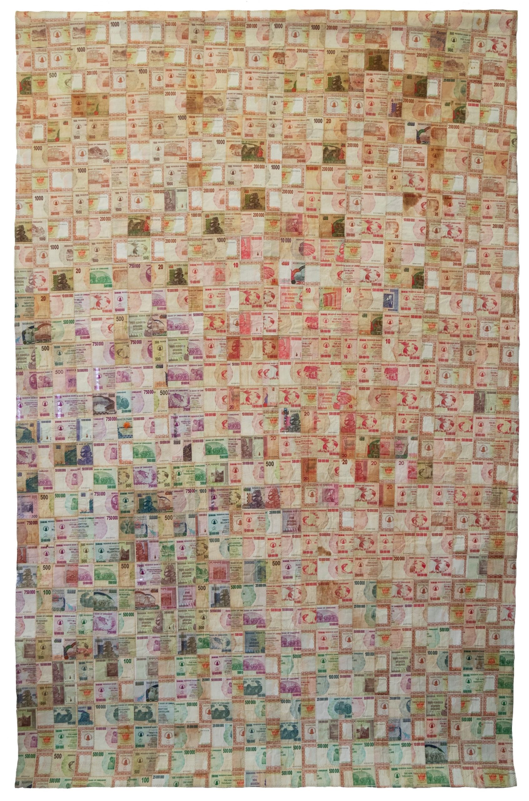 an artwork made from discontinued currency notes that have been deconstructed and reassembled into a grid pattern