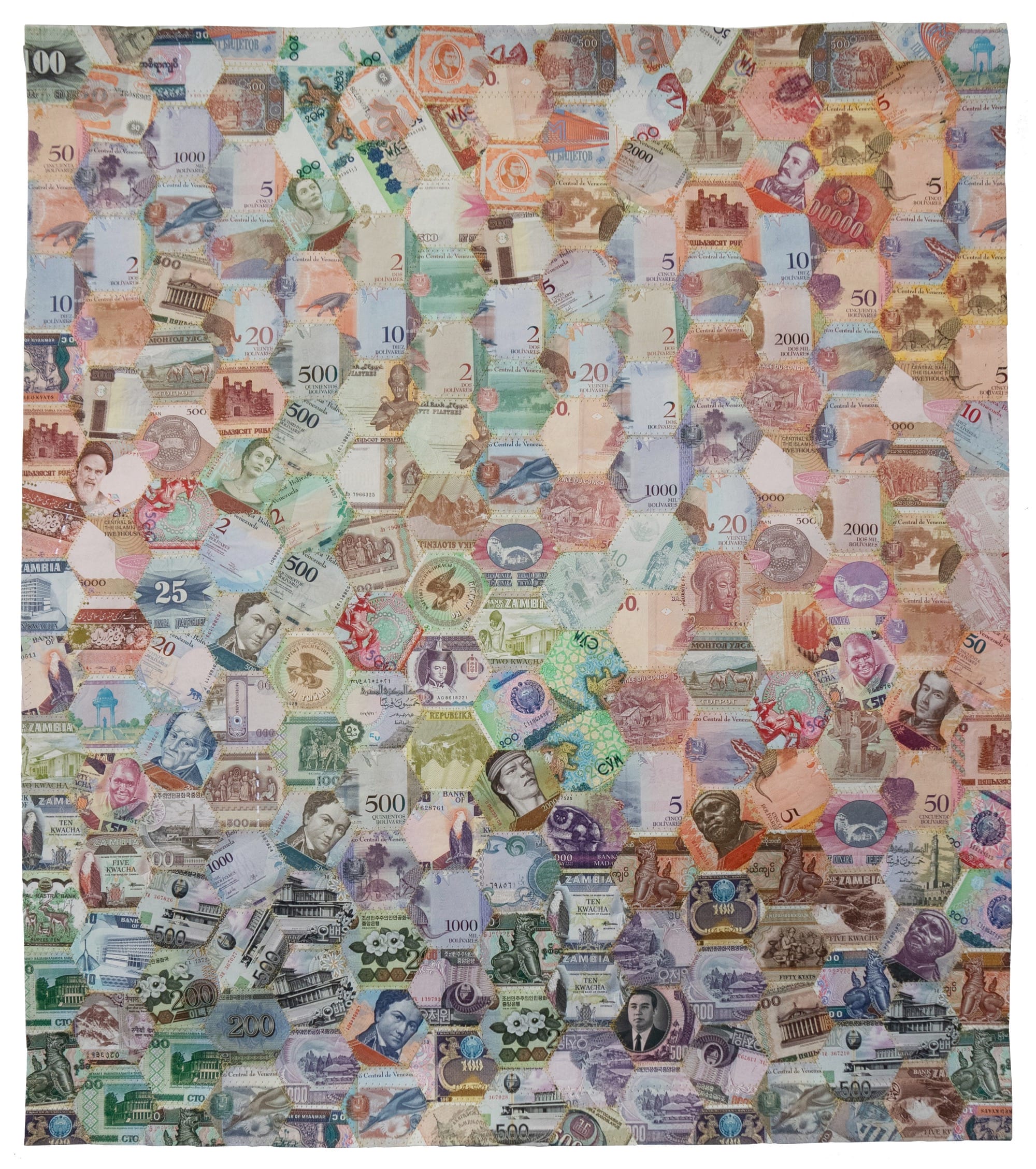 an artwork made from discontinued currency notes that have been deconstructed and reassembled into a pattern