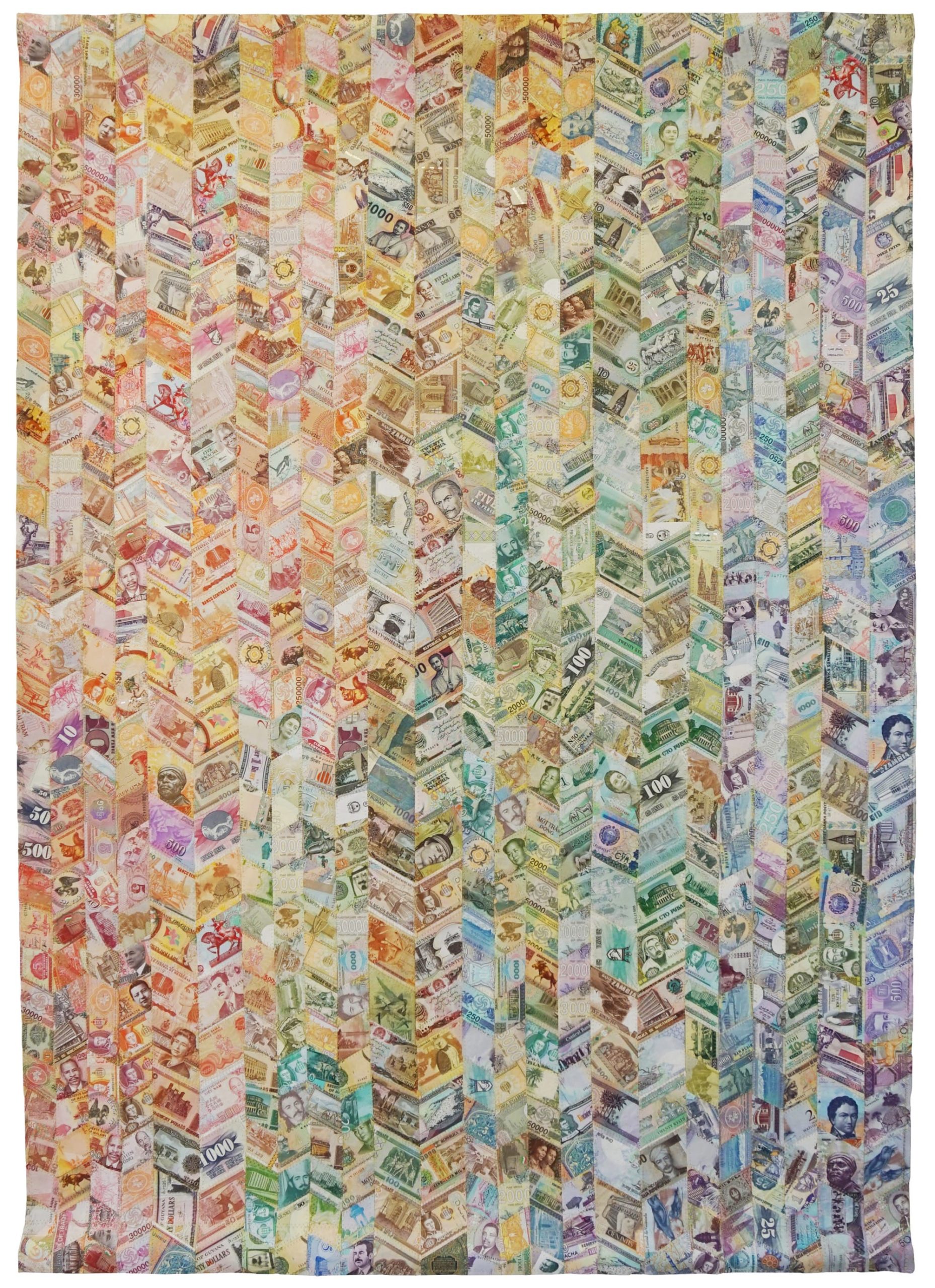 an artwork made from discontinued currency notes that have been deconstructed and reassembled into a colorful pattern