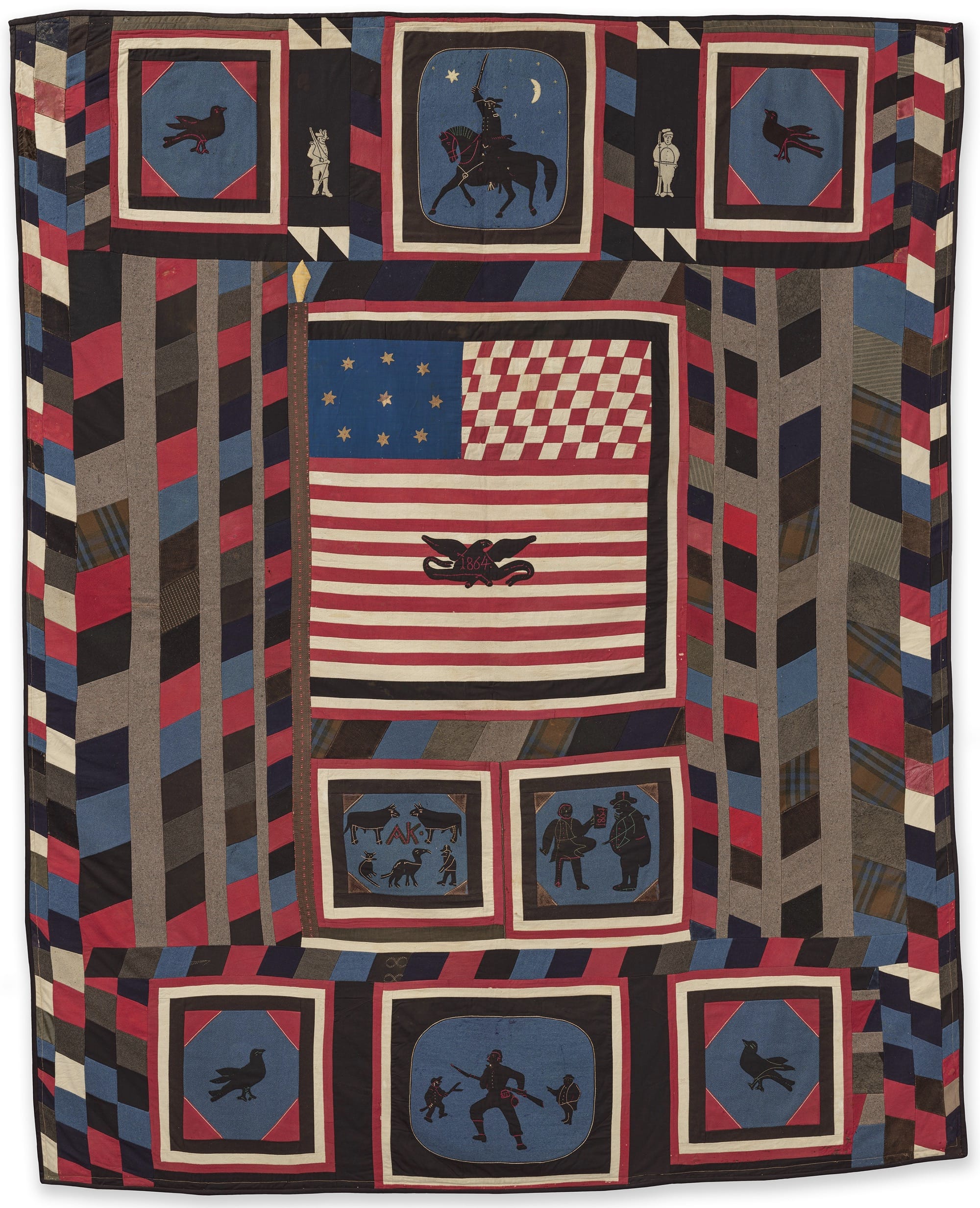 a quilt of an American flag with small panels with animals and people in silhouette