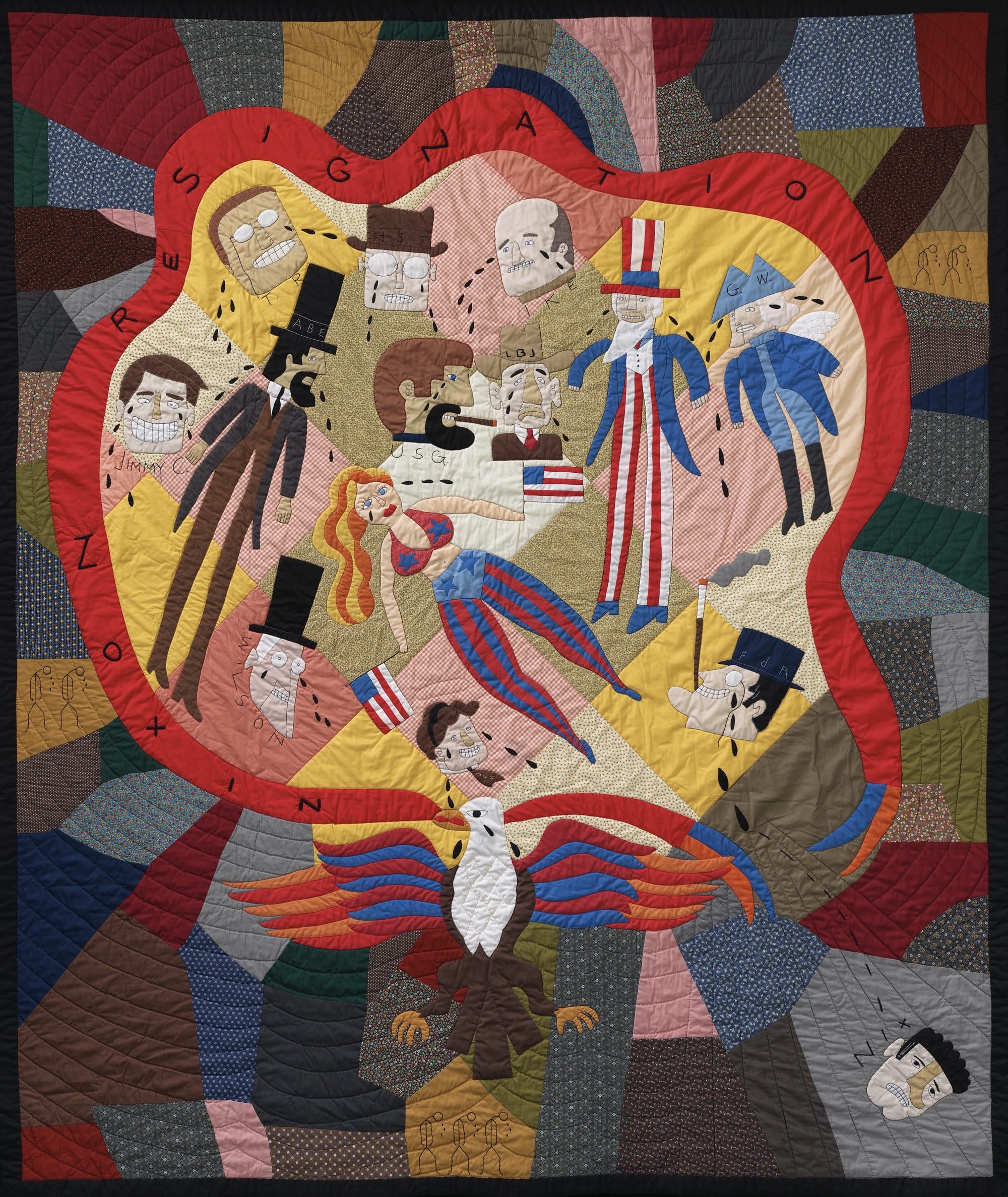 an abstract quilt with figures and faces in the middle, all of whom are crying