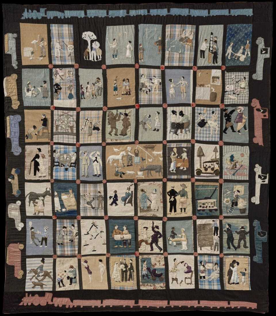 a patchwork quilt with various scenes