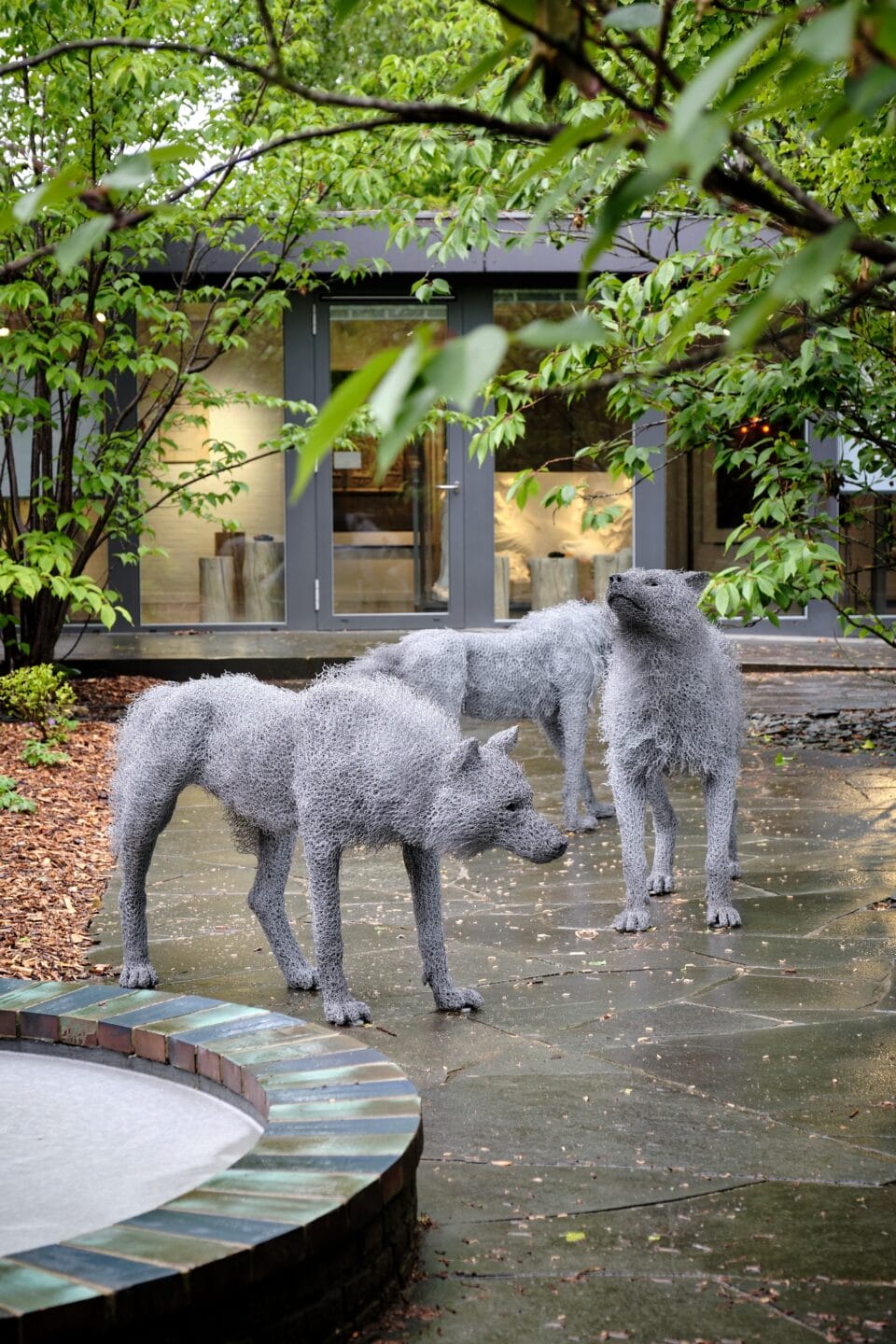 life-size wire sculptures of a wolves in the courtyard of a building