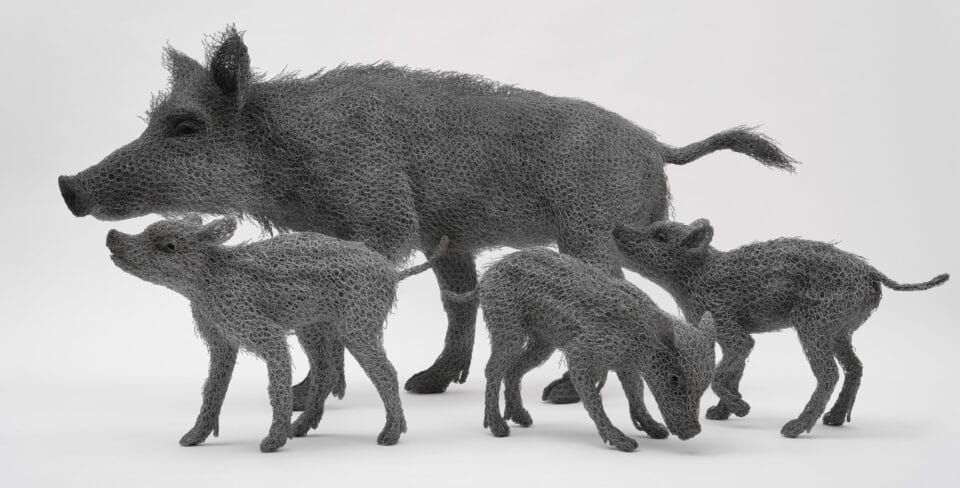a life-size wire sculpture of a warthog and her kids