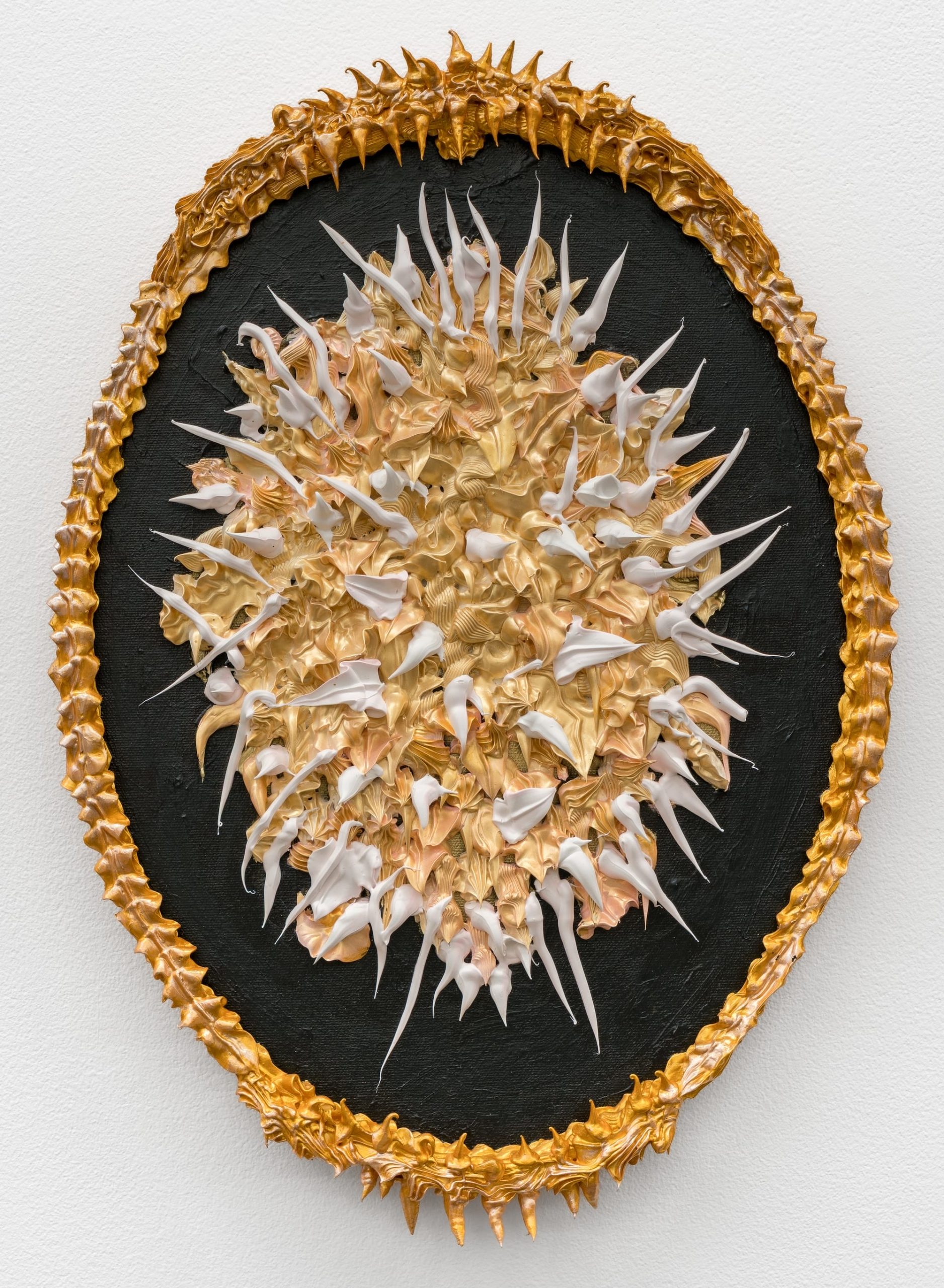 an oval mixed-media painting with textural gold and black paint