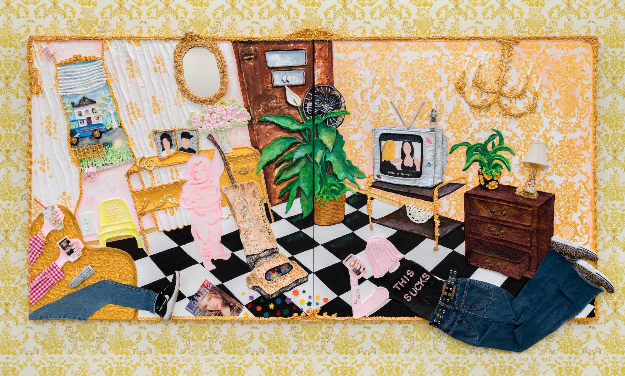 a horizontal mixed-media painting of figures in an interior space with a tiled floor