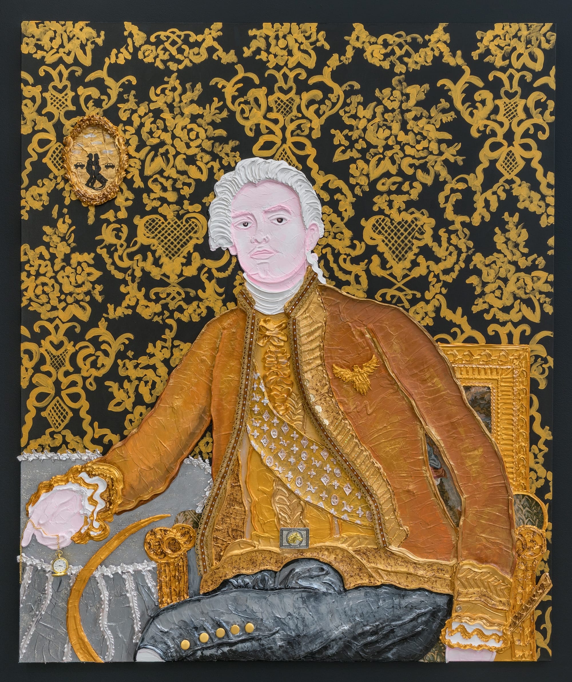 a mixed-media portrait of a man with an 18th-century style in front of a brocade background