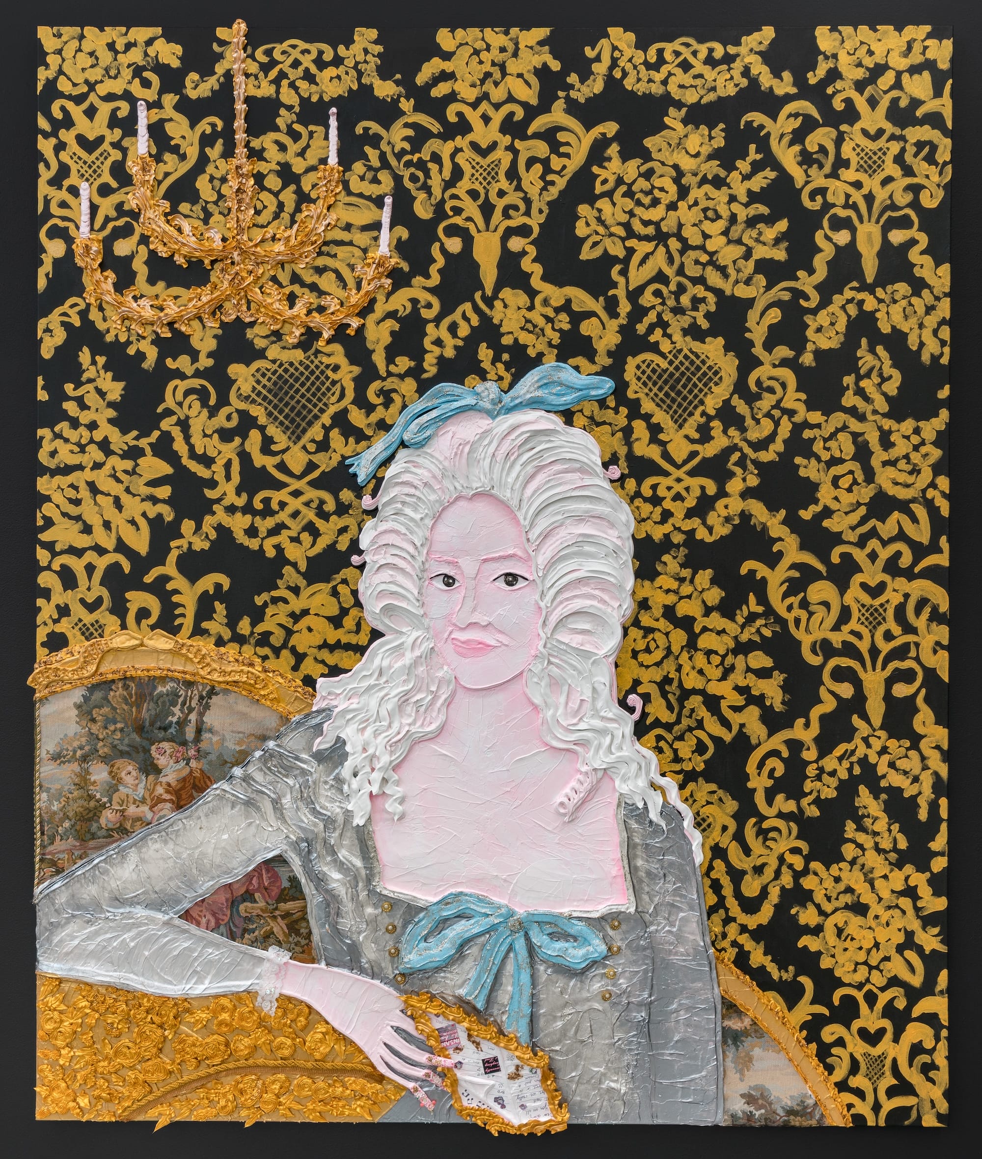 a mixed-media portrait of a woman with an 18th-century style in front of a brocade background