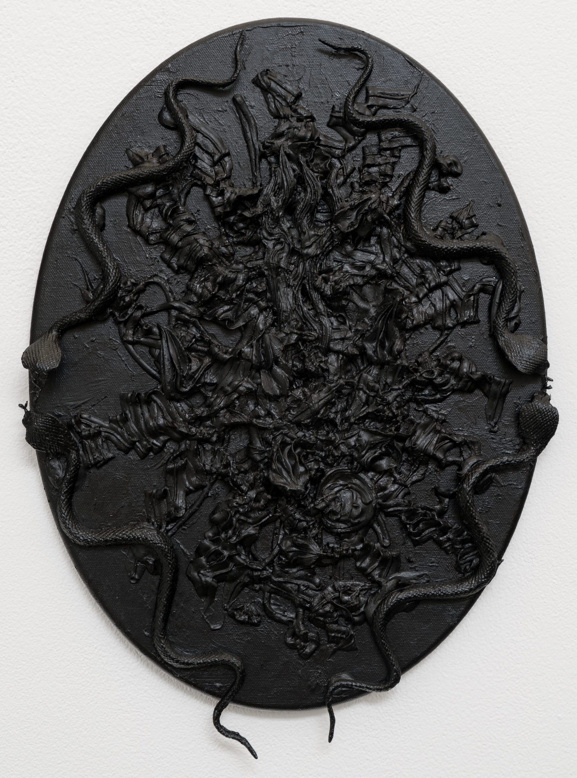 an oval mixed-media painting with textural black paint