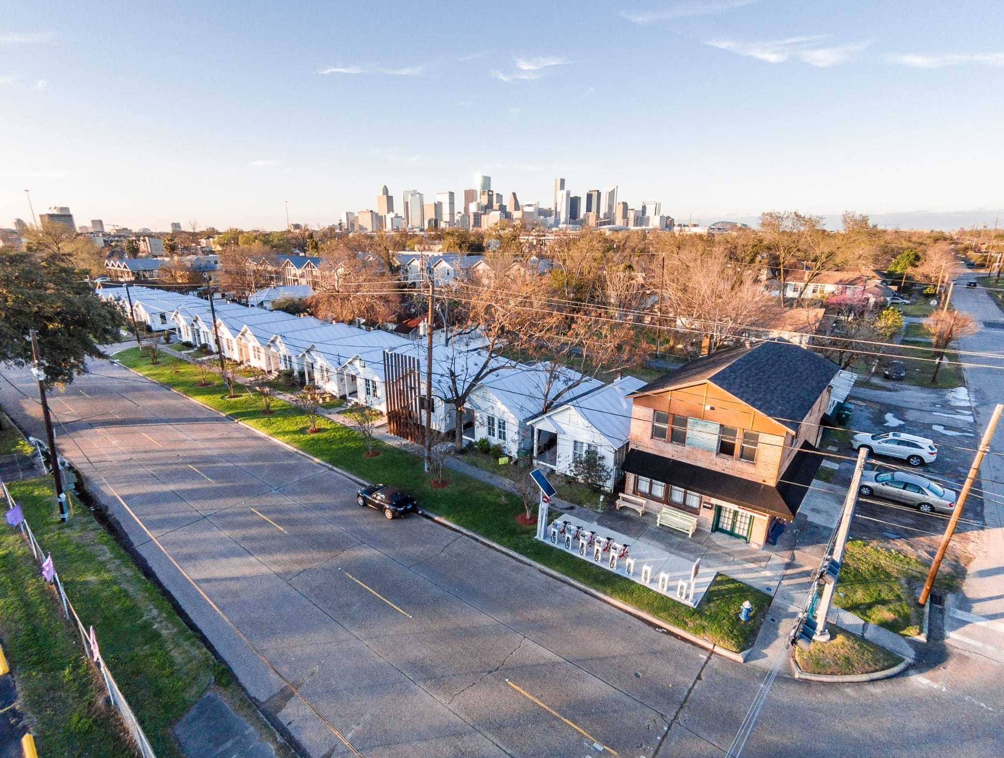 an aerial view of a streetscape