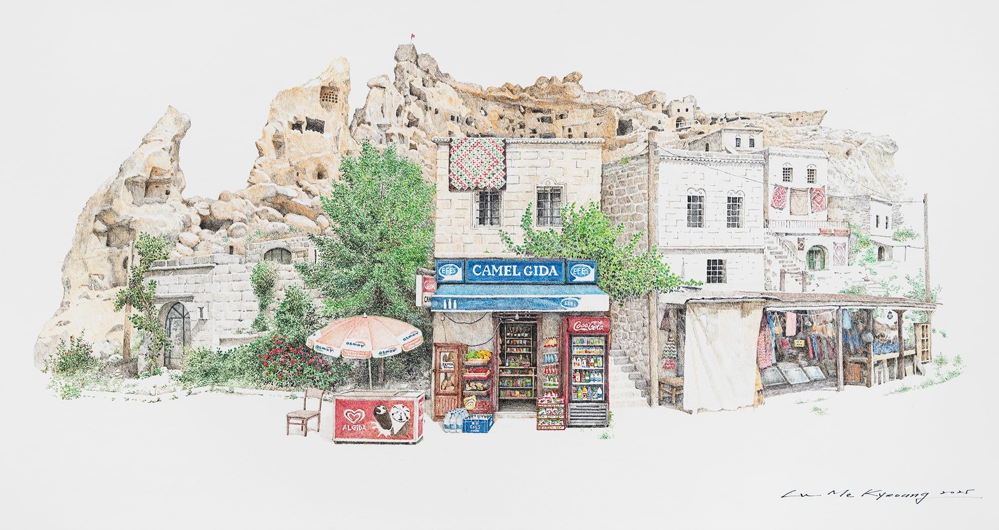 a delicate drawing of a small shop in front of craggy stone
