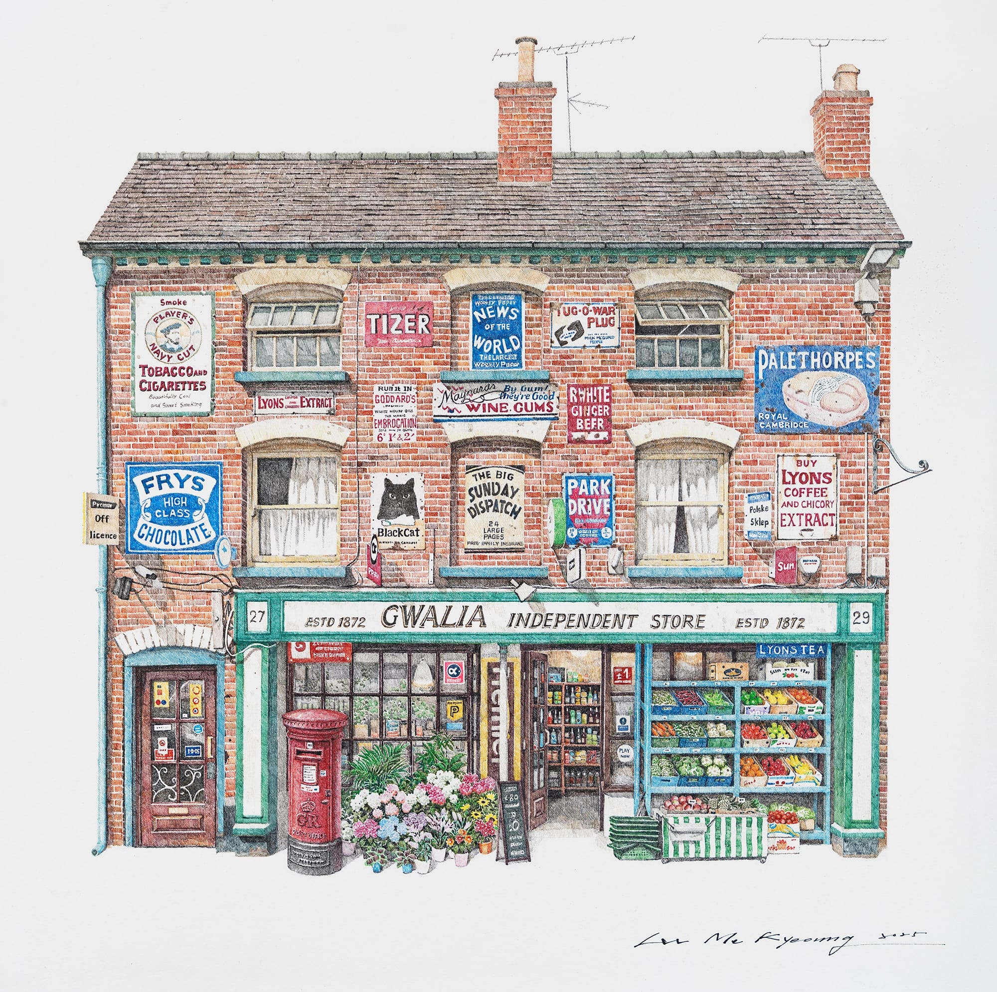 a delicate drawing of a european store
