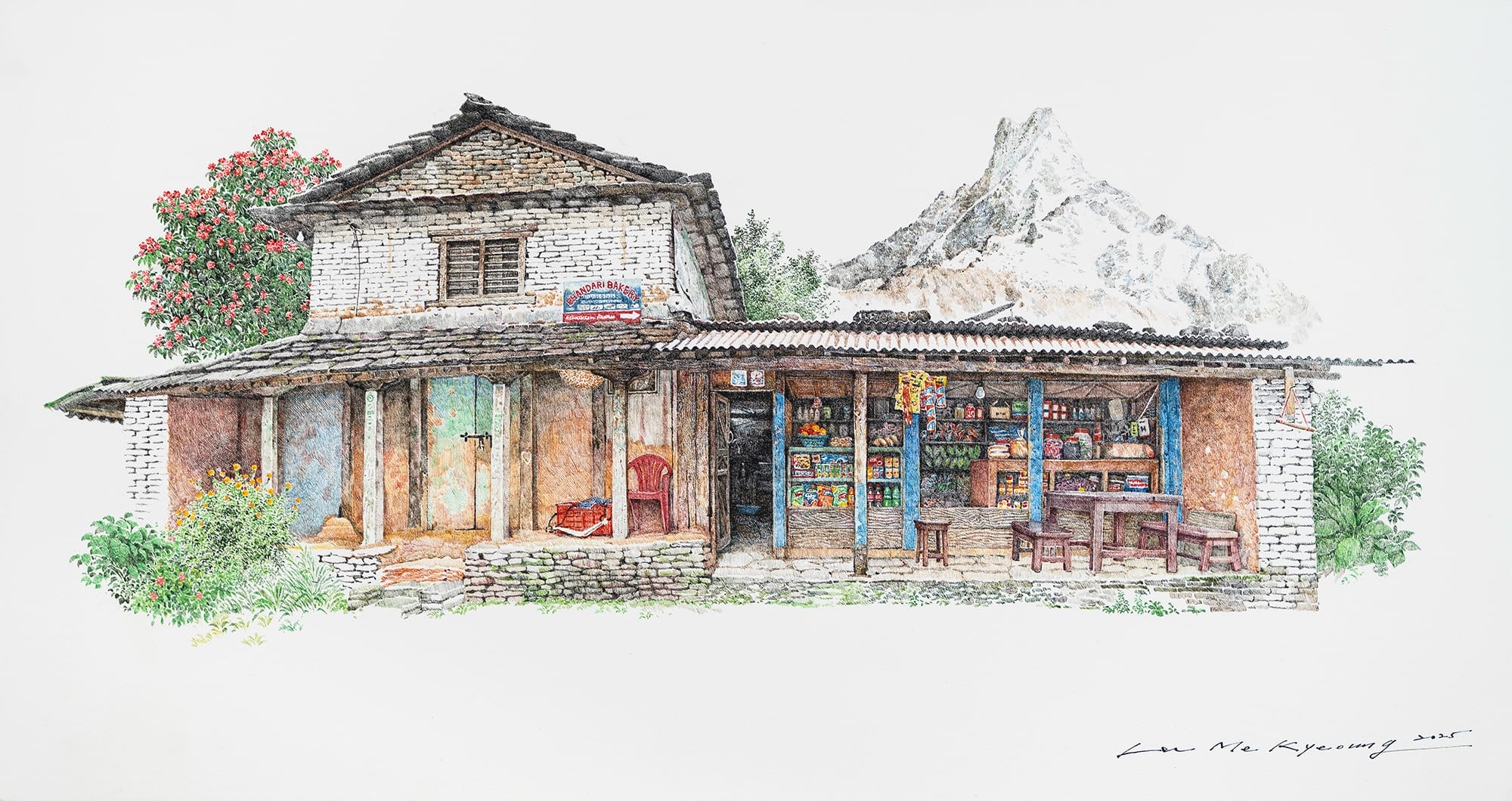 a delicate drawing of a small shop in front of mountains