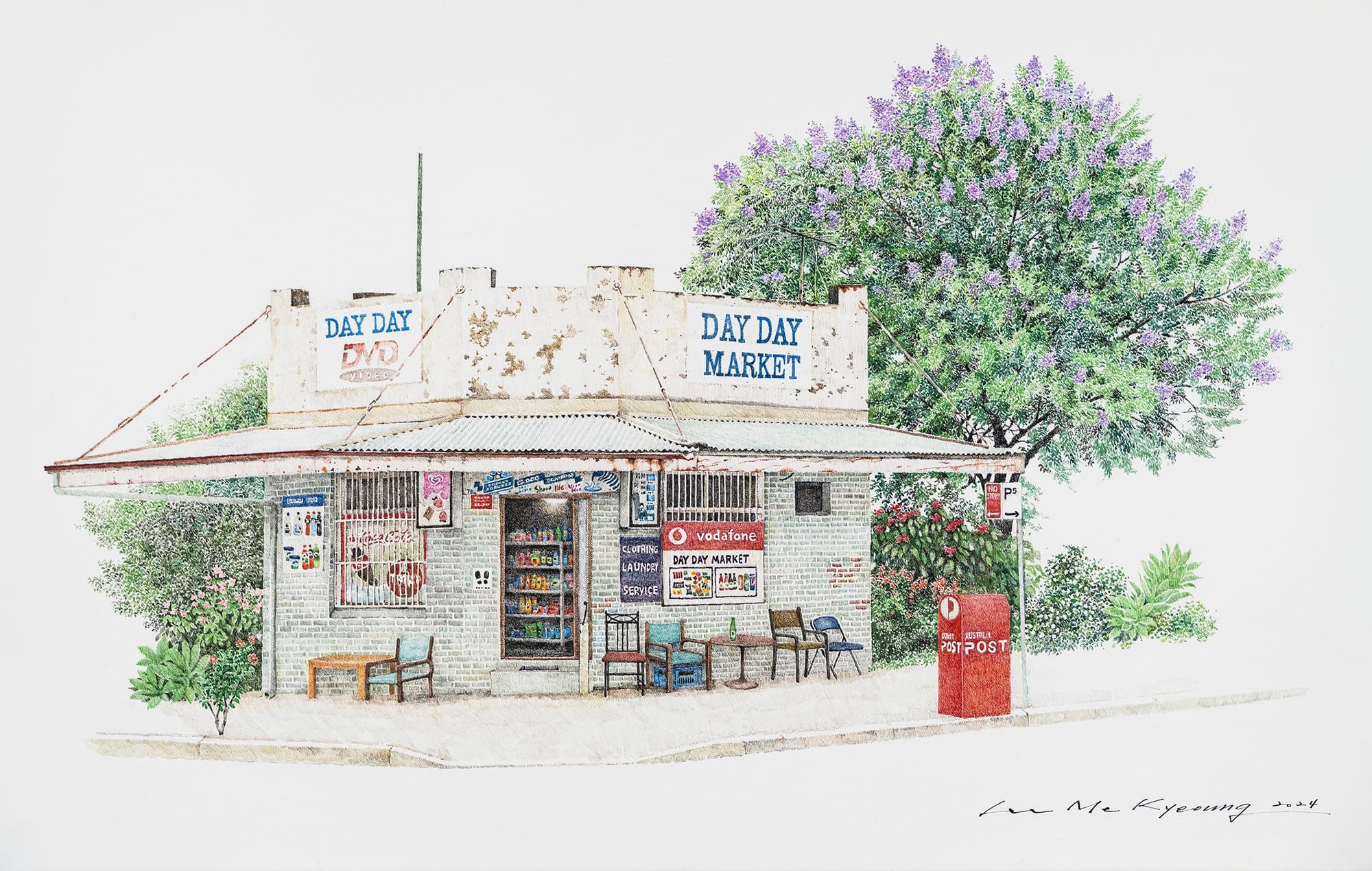 a delicate drawing of a small shop with a tree
