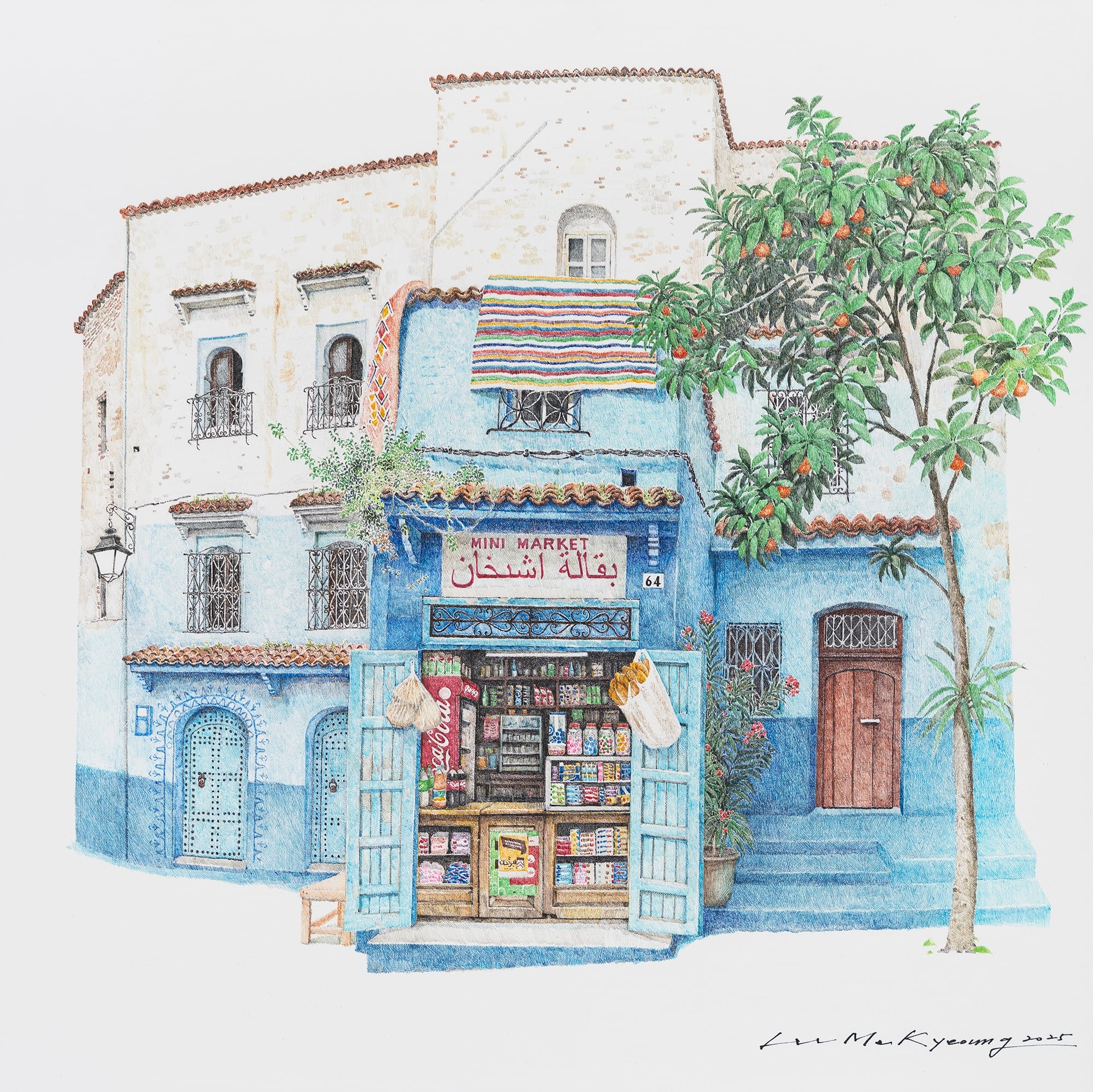 a delicate drawing of a small shop with a tree