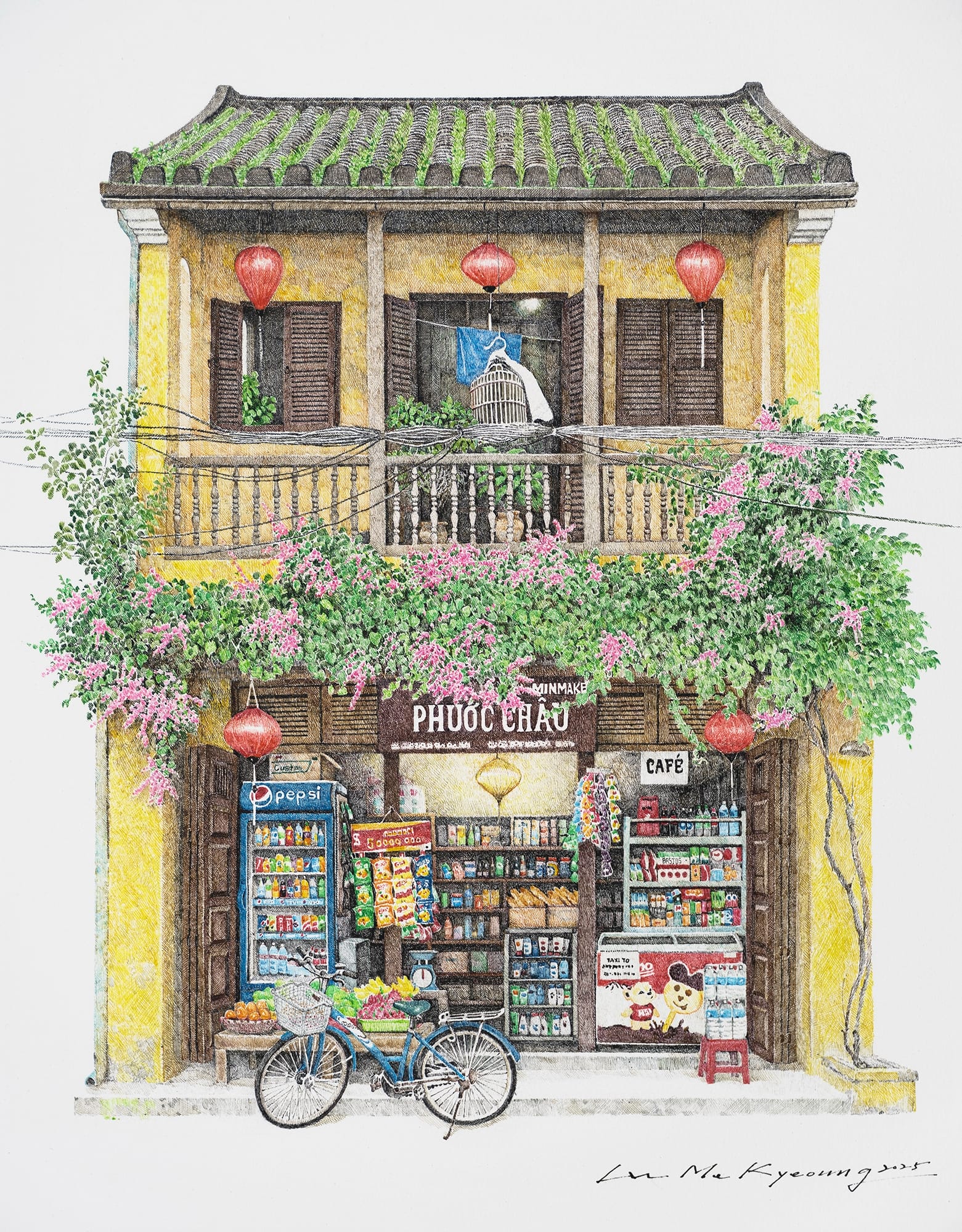a delicate drawing of a small shop with a tree