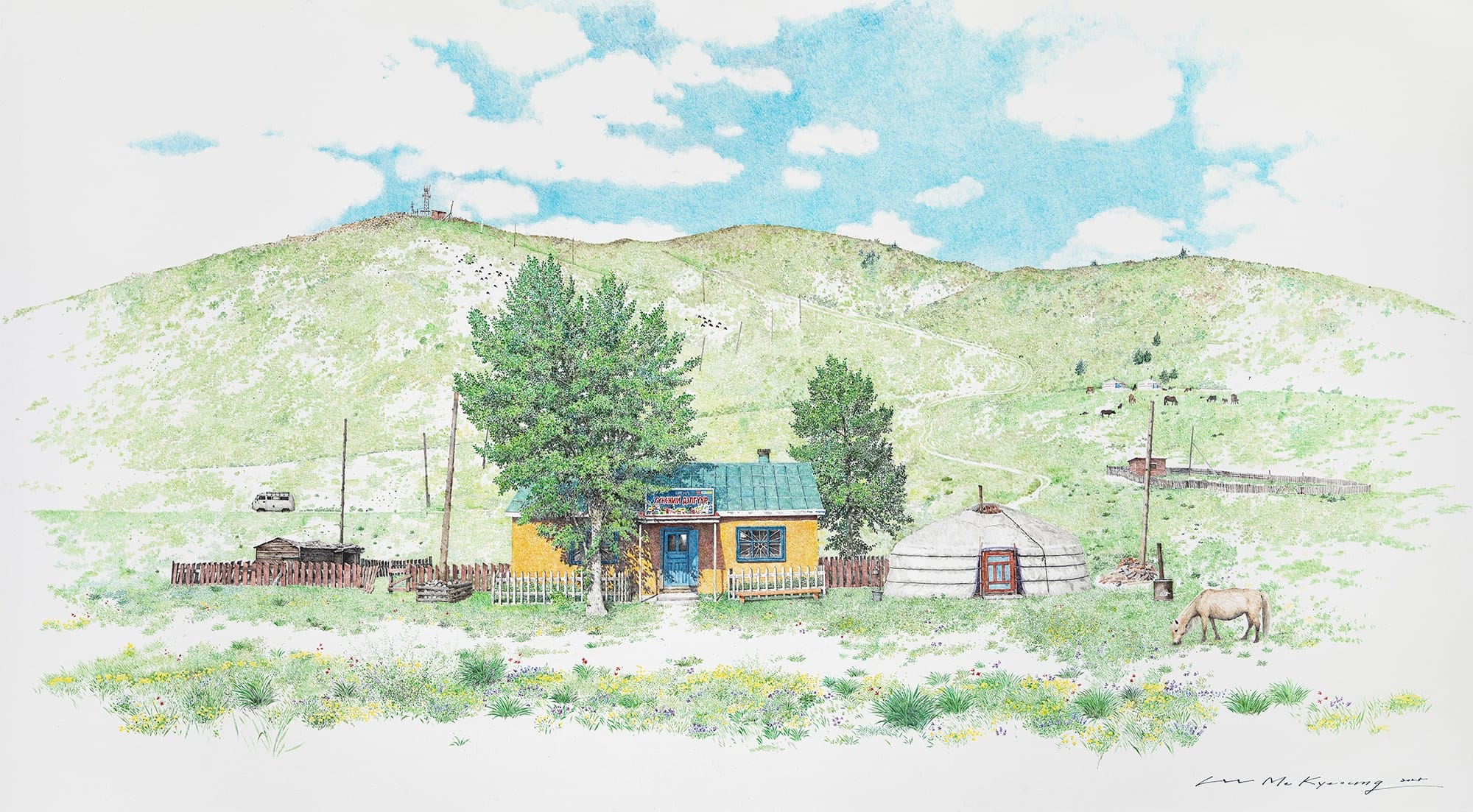 a delicate drawing of a small shop with a tree